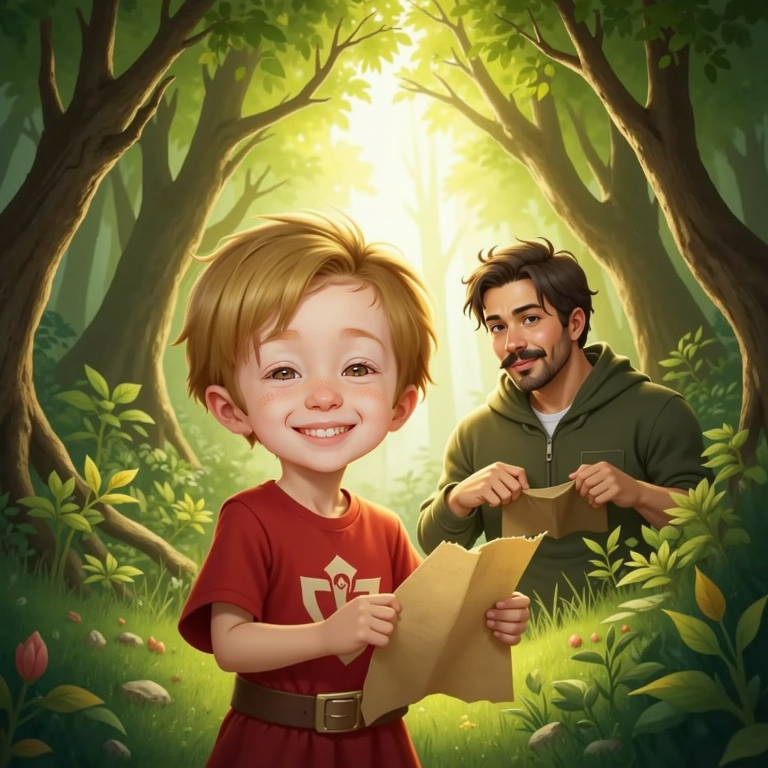 Within a sunlit woodland corridor where arching branches form triangles and diamonds, Bode holds the rotated map against the shapes, delighted grin glowing; Daddy gently pushes aside leaves creating a gap, inviting Bode through; light speckles the leafy tunnel.