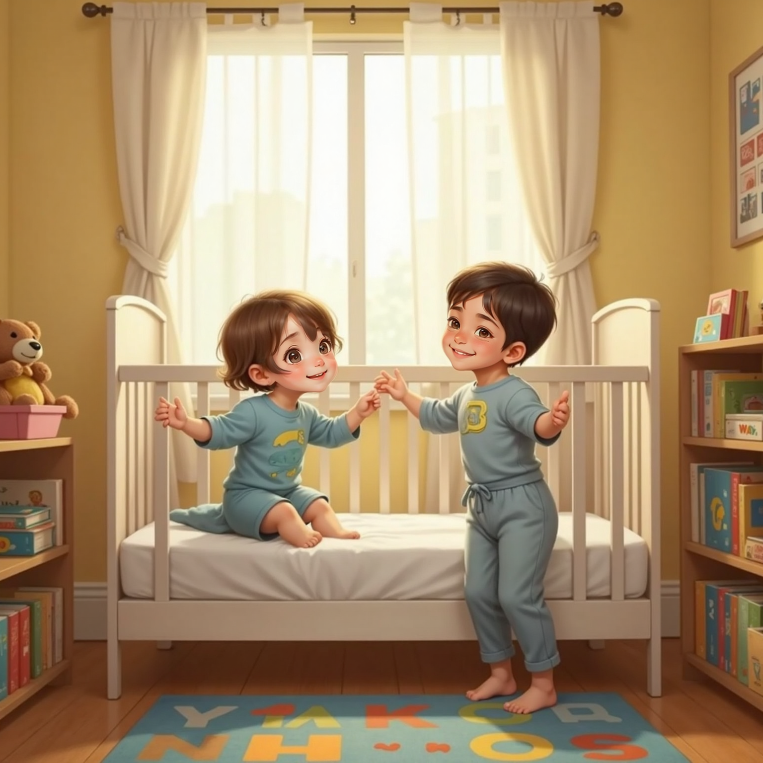 Early morning bedroom glowing with golden sunrise. Sebas stands beside the white crib, arms open, as Maria Paz reaches toward him with a wide smile and outstretched hands.
