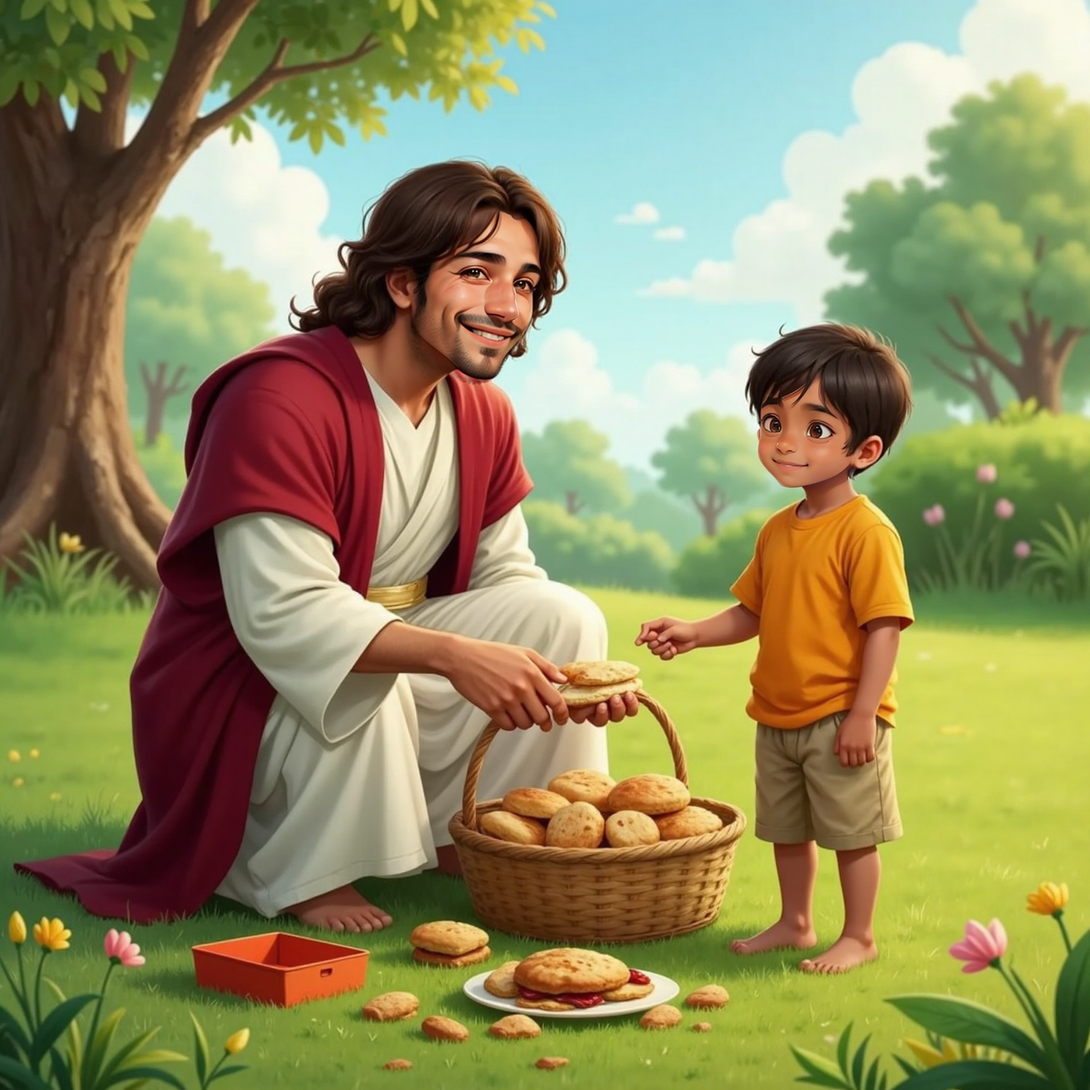 On the grassy garden lawn beneath midday sun, Jesus kneels beside a low basket, breaking biscuits and fried fish that visibly multiply into overflowing piles, while Ari stands nearby, mouth agape, tiny lunch box empty at his feet.