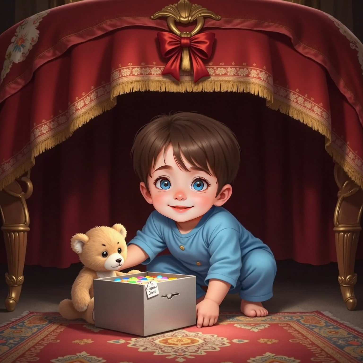 Beneath the dim royal bed, John Jr crawls on a patterned rug clutching his teddy, Fred, and discovers a silver computer inside a box tied with a shiny red bow; blinking buttons cast colorful reflections on his amazed face.
