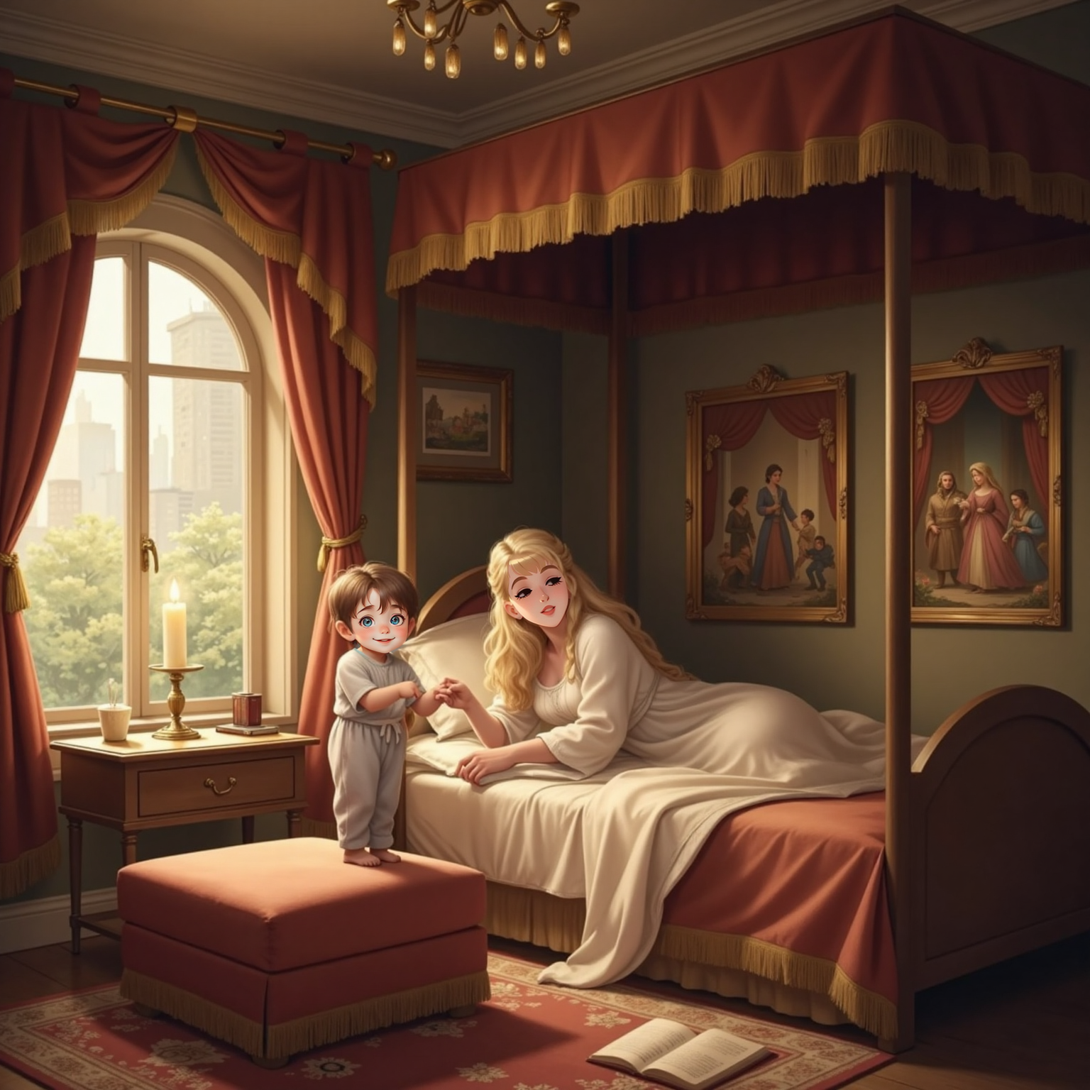 Soft candlelight fills the ornate royal bedroom as Sleeping Beauty lies motionless on a canopied bed; John Jr, tiptoeing atop a plush ottoman, gently wiggles her finger, his round face hopeful, while velvet drapes sway in a faint breeze.