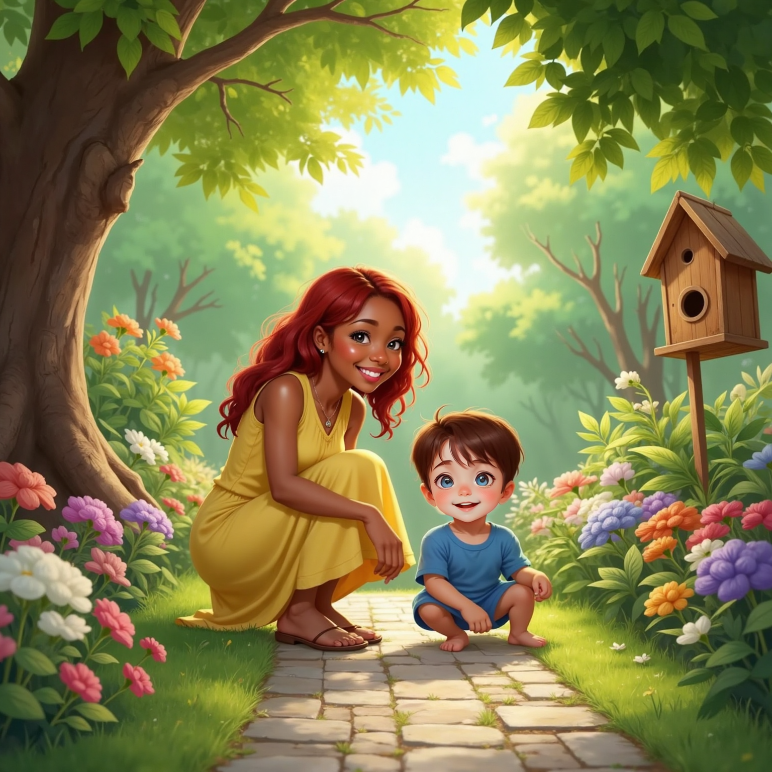 On the sun-dappled garden path, Tiana crouches to speak to John Jr who is crawling toward her, giggling and nodding enthusiastically. Leaves overhead filter the warm, late-afternoon light.