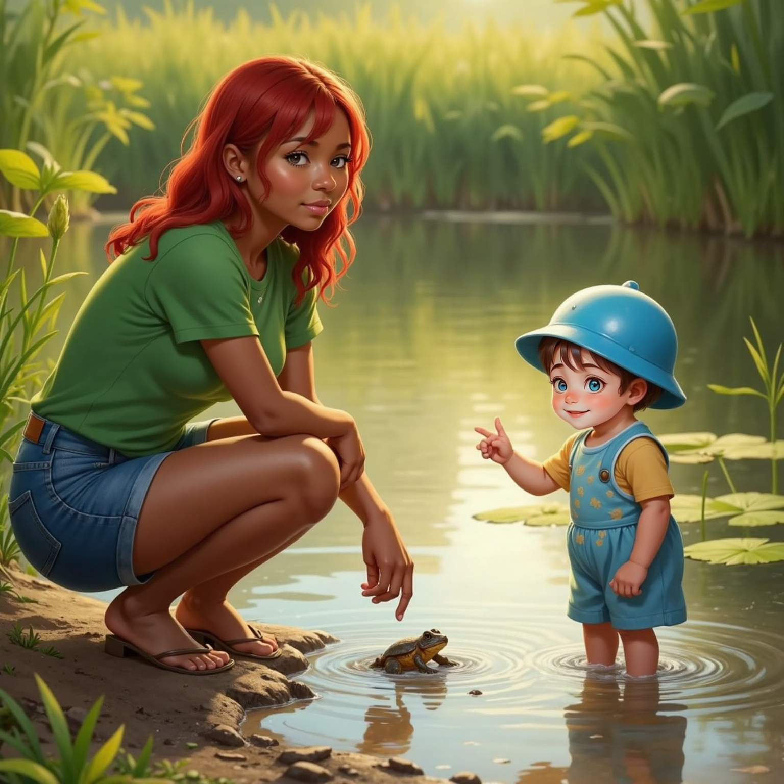 At the edge of Turtle Pond, Tiana kneels beside faint muddy frog tracks while John Jr stands nearby pointing excitedly toward the water. Early evening light glimmers on lily pads and ripples.