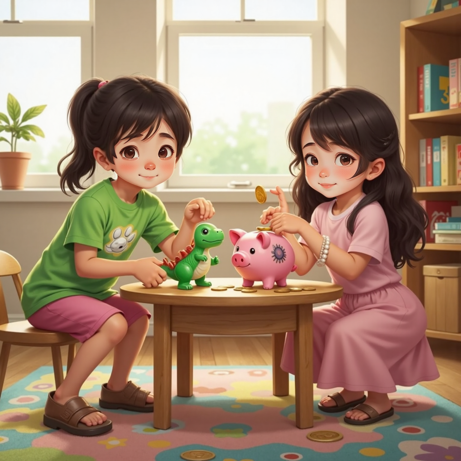 Aya and Dino happily dropping coins into piggy banks on a table, both smiling.