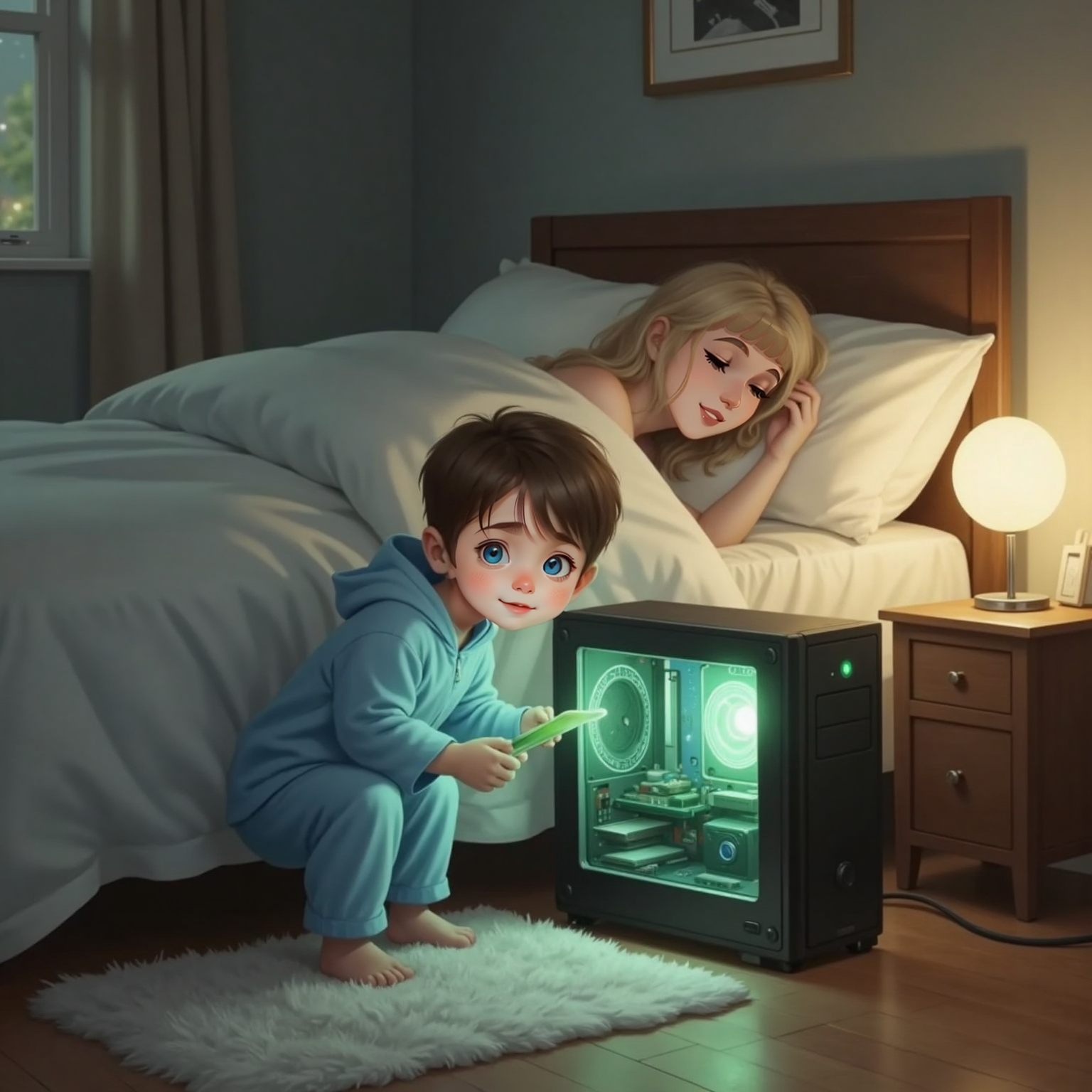 In the softly lit bedroom, John Jr kneels beside the exposed computer box at the foot of the bed, pressing glowing buttons with determined eyes, while Sleeping Beauty lies above amid billowing silk sheets; green lights tint the midnight shadows.