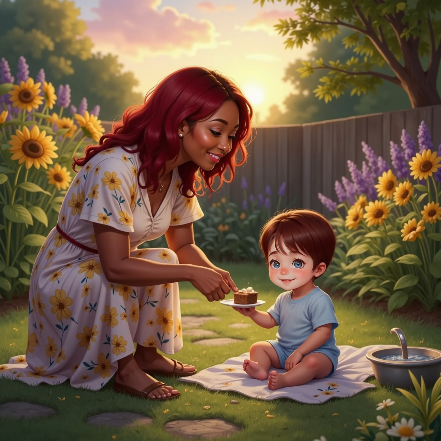 In the backyard garden at dusk, Tiana kneels beside John Jr and offers him a square of walnut fudge on a small plate. The fading light warms their smiles as flowers sway softly around them.