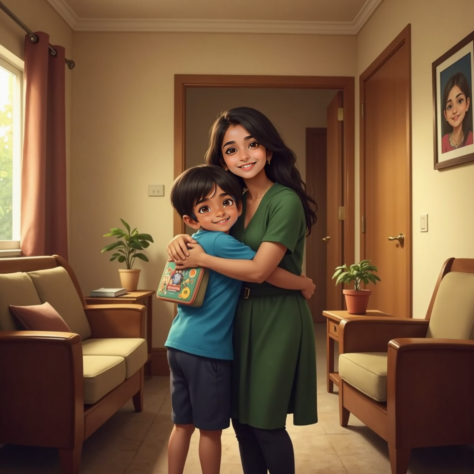 In the modest living room lit by warm late-afternoon light, Ari hugs Mom tightly near the doorway, smiling proudly while holding the closed lunch box behind his back, and Mom returns the embrace with relieved eyes.