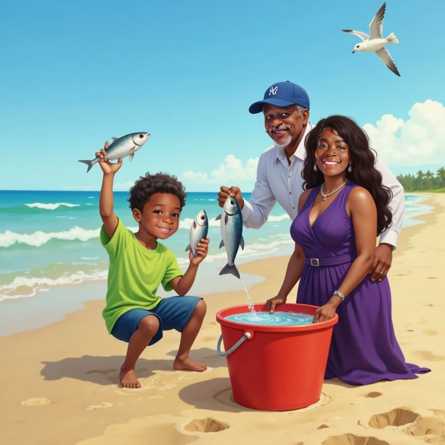 Beside an open bucket on the shore, Amias and Poppi kneel posing with the shiny fish, both grinning wide. Nearby, Grandma Puddin snaps a photo with her phone under bright afternoon light.