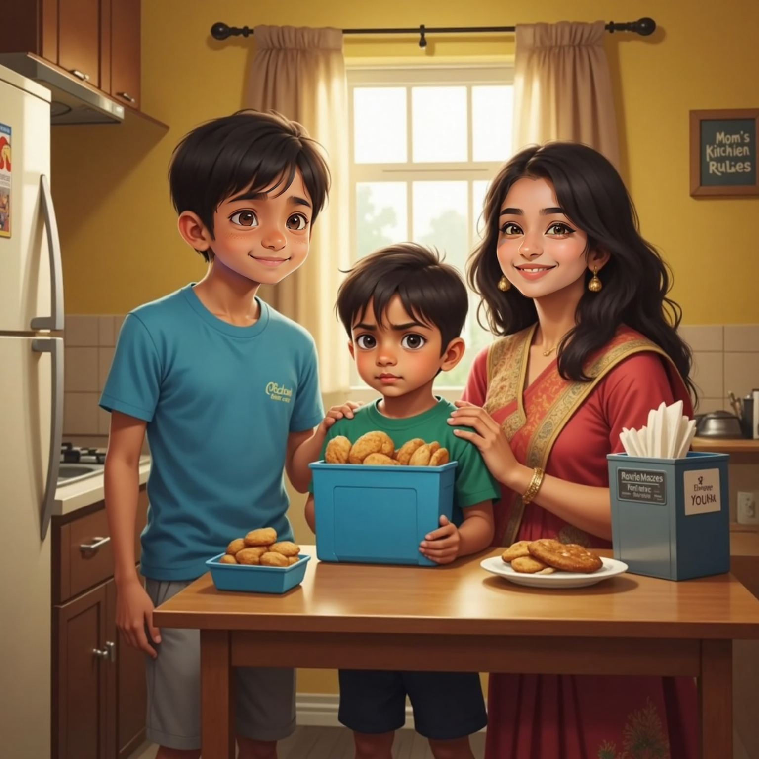 Inside a small kitchen, daylight streams through the window as Ari frowns at an open lunch box holding five biscuits and two tiny fried fish on the table, while Mom stands beside him, smiling encouragingly.