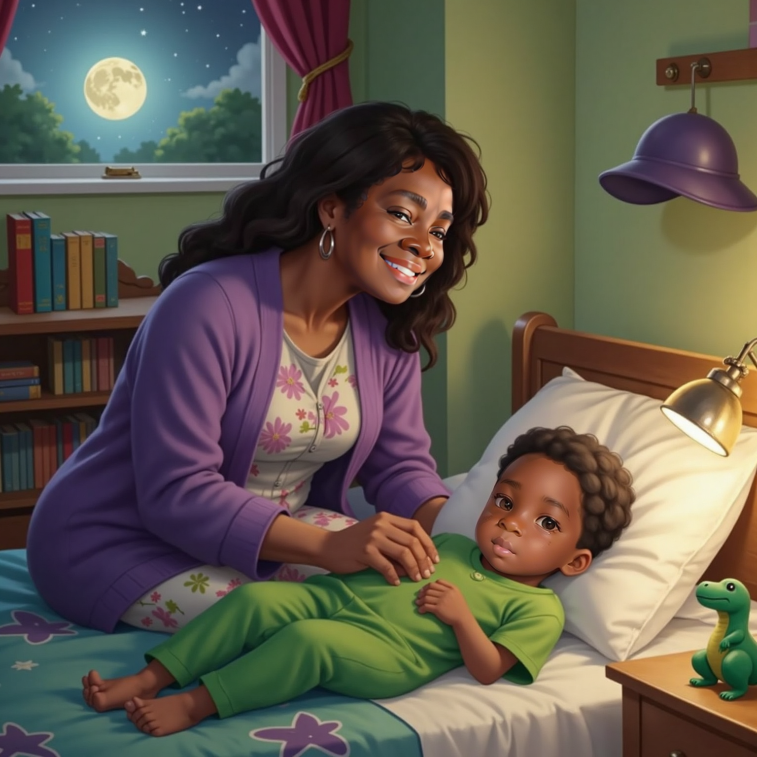 Inside Amias’s softly lit bedroom, Grandma Puddin tucks the sleepy boy beneath patterned blankets. She sits on the bed’s edge smiling while Amias talks, miniature fishing hat hanging on the headboard.