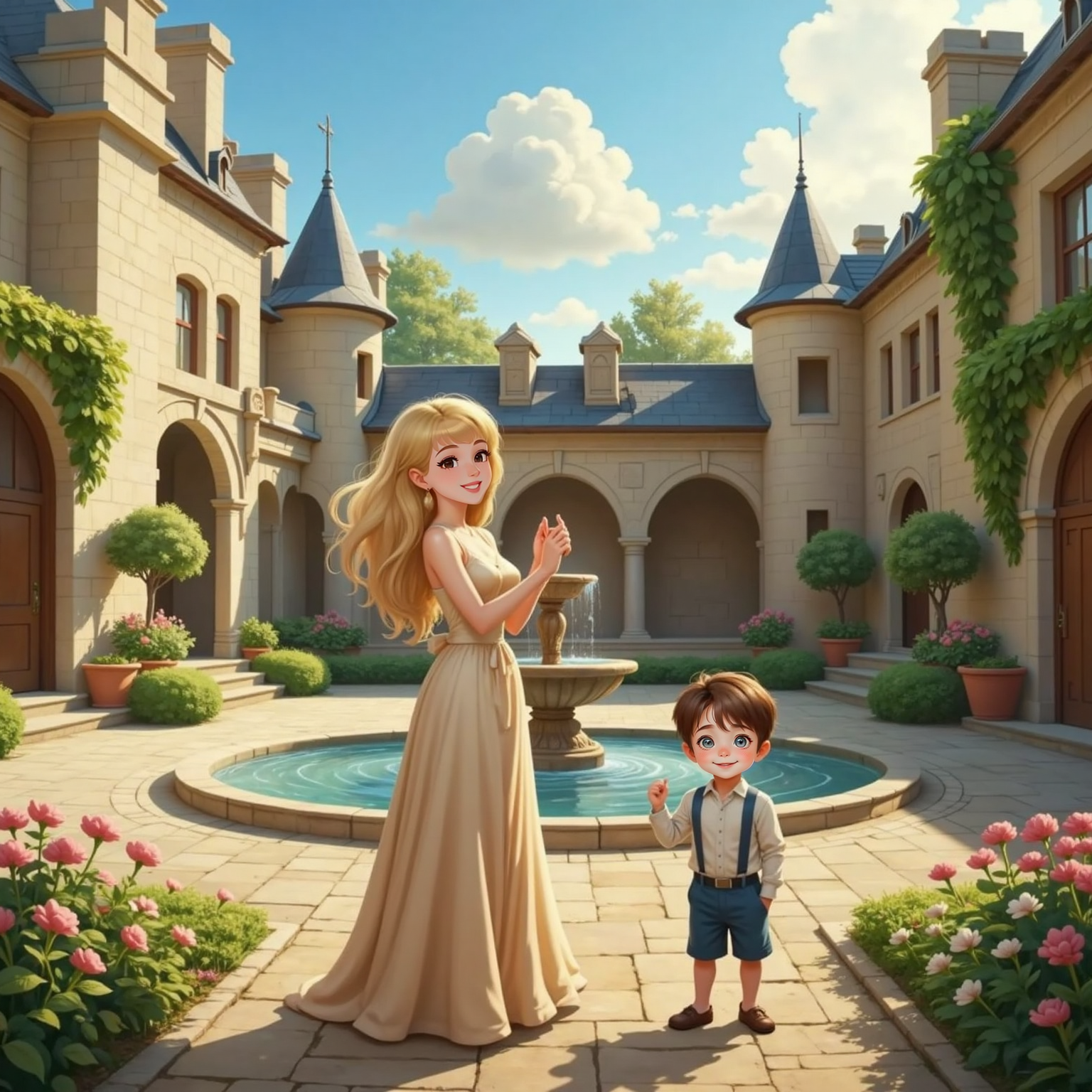 Outside in the bright castle courtyard at noon, Sleeping Beauty sings joyfully toward the sky, hands lifted, while John Jr takes an exaggerated bow beside her, chest puffed proudly; tattered dream-cloud shapes fade like mist above the stone fountain.