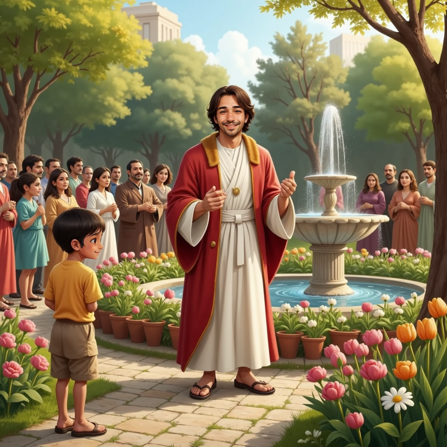 In the municipal garden under clear morning light, Jesus addresses a semicircle of curious townspeople near the fountain, while Ari stands at the edge clutching his closed lunch box to his chest, watching with wide eyes.
