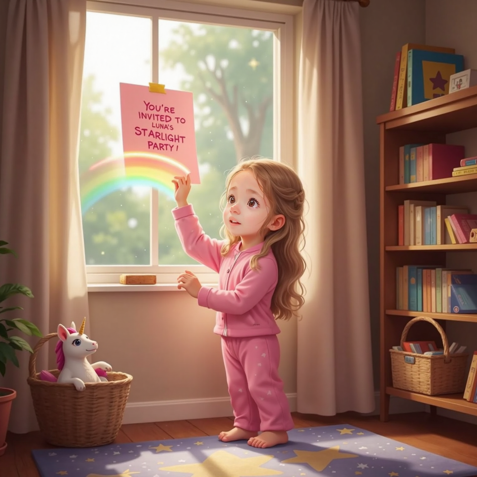Chiara stands by her bedroom window in afternoon sunlight, touching a pink star-speckled invitation taped to the glass. A shimmering rainbow arc curls from the paper around her small hand, lighting her amazed face.