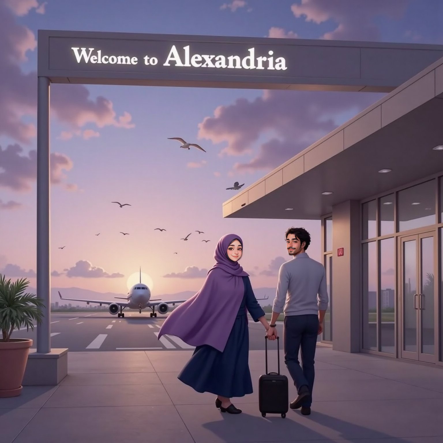 Outside Alexandria airport beneath lavender twilight clouds, Koky stands by the arrival gate waving, hijab fluttering in sea breeze. A smiling Soly hurries toward her rolling a small suitcase while distant gulls loop overhead.