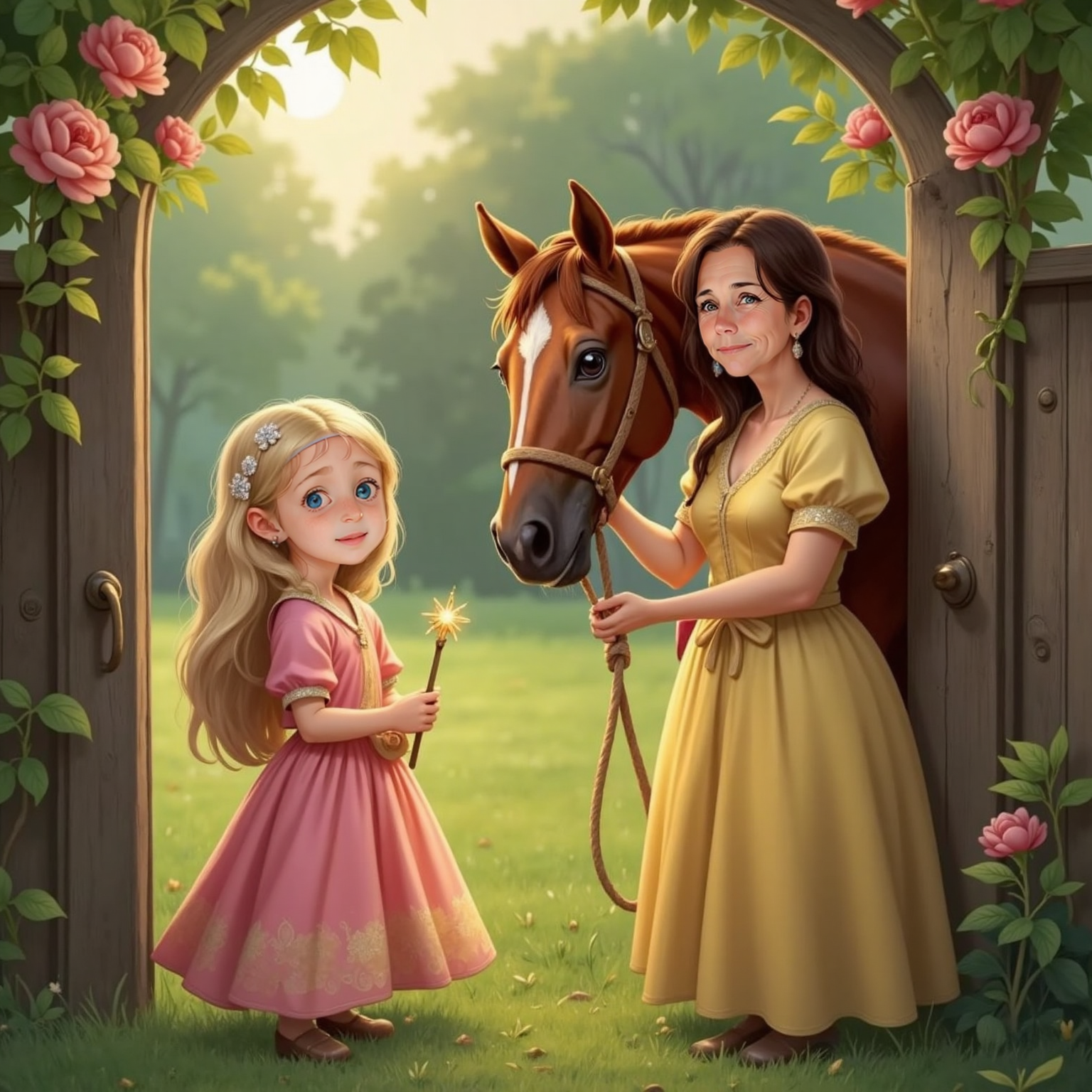 At a creaking backyard gate in soft evening glow, Lucy and Gramma gently lift a snagged lead rope from a trembling chestnut horse's neck; Lucy's face shows soothing concern while Gramma concentrates, hands steady on the knot.