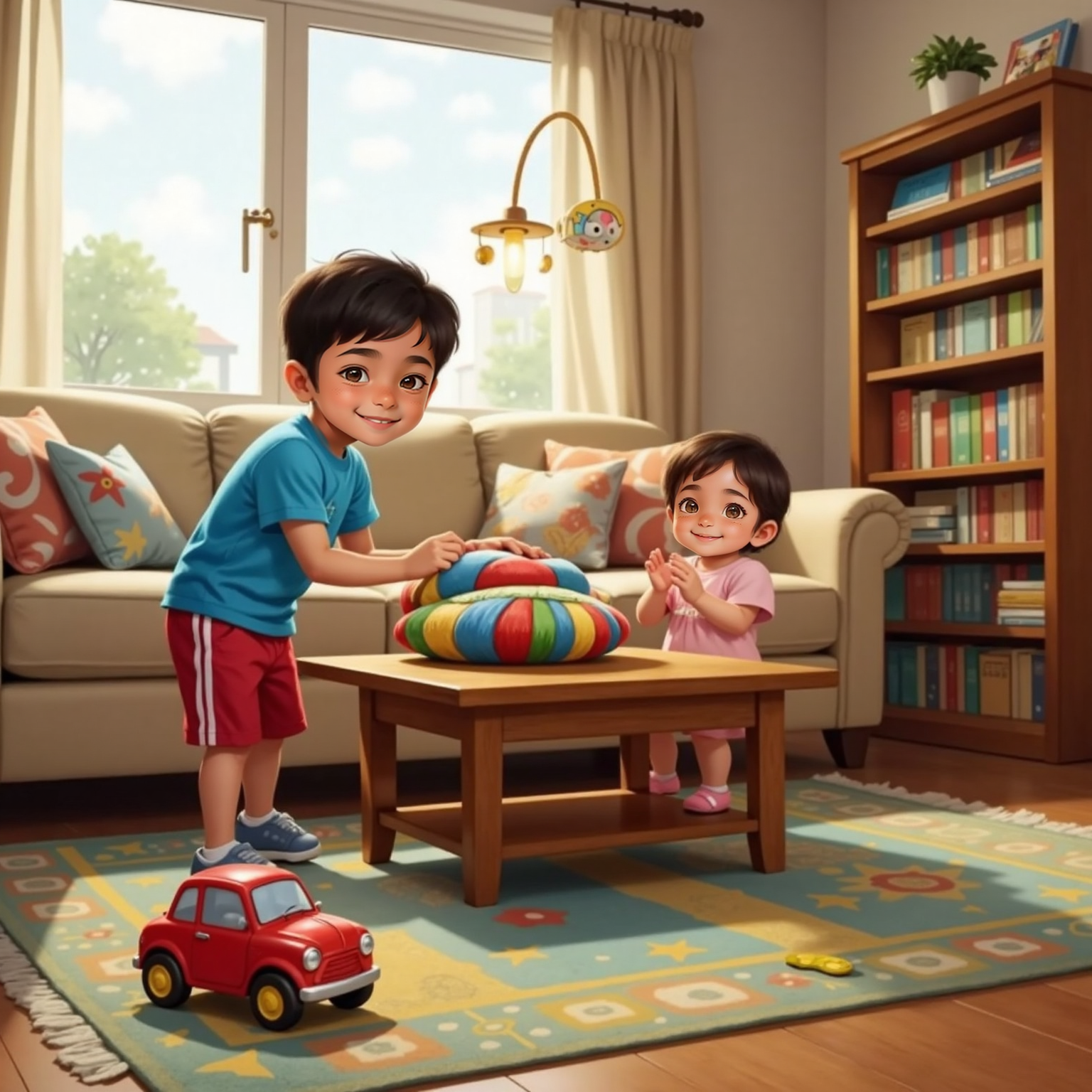 Living-room, daytime light; the toy car rests against a colourful cushion blocking its path. Sebas lifts the pillow with a focused grin while Maria Paz watches attentively beside him, tiny hands poised to clap.