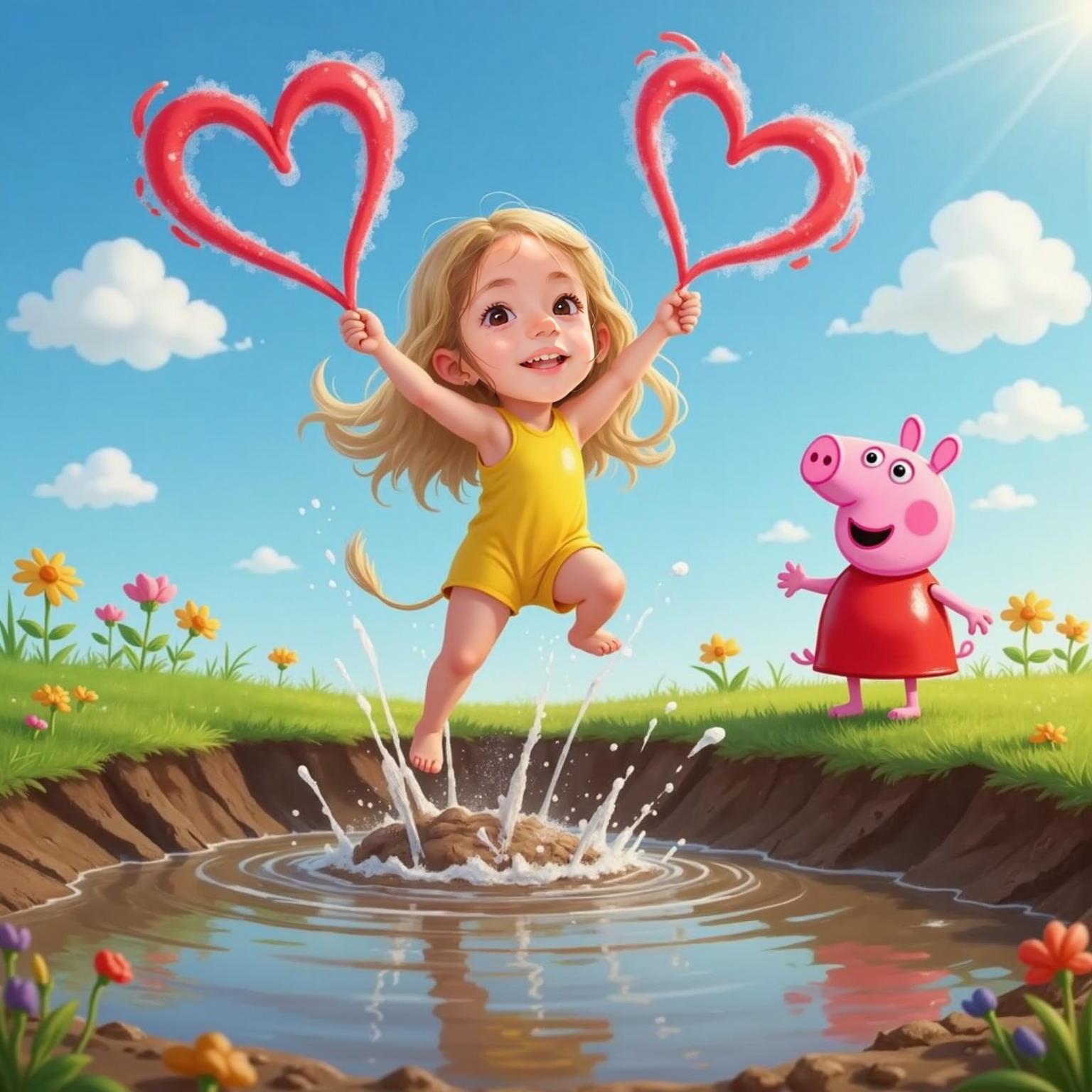 In front of a vast sparkling mud pond under high sun, Pepa announces the splash race while raising one hoof. Chiara leaps arms wide into the mirror-bright water, crimson heart-shaped splashes frozen between them.