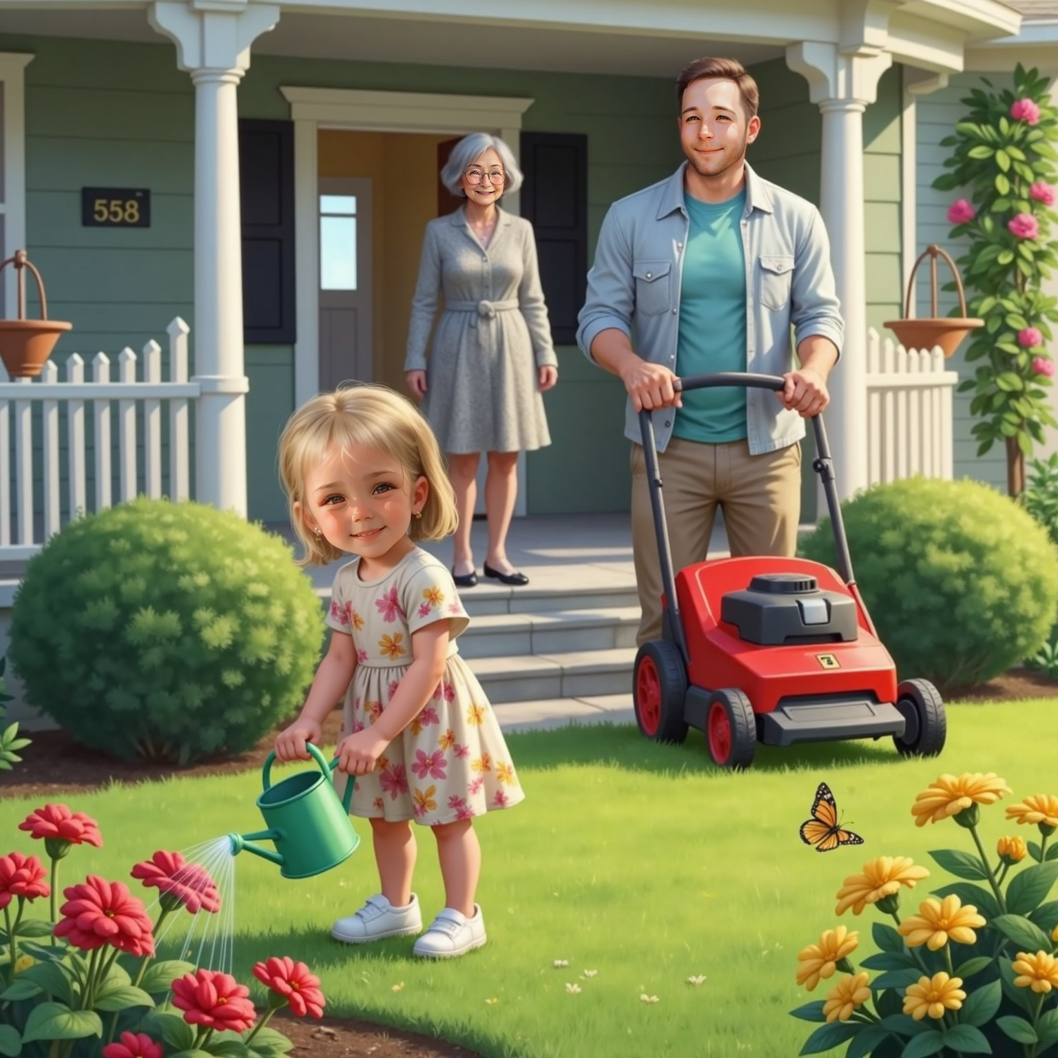 Sunny afternoon in Mrs. Wilson's front garden, Hadley Grace carefully tips a watering can over bright flowers while Eli pushes a mower behind her. An elderly neighbor Mrs. Wilson watches happily from the porch railing.