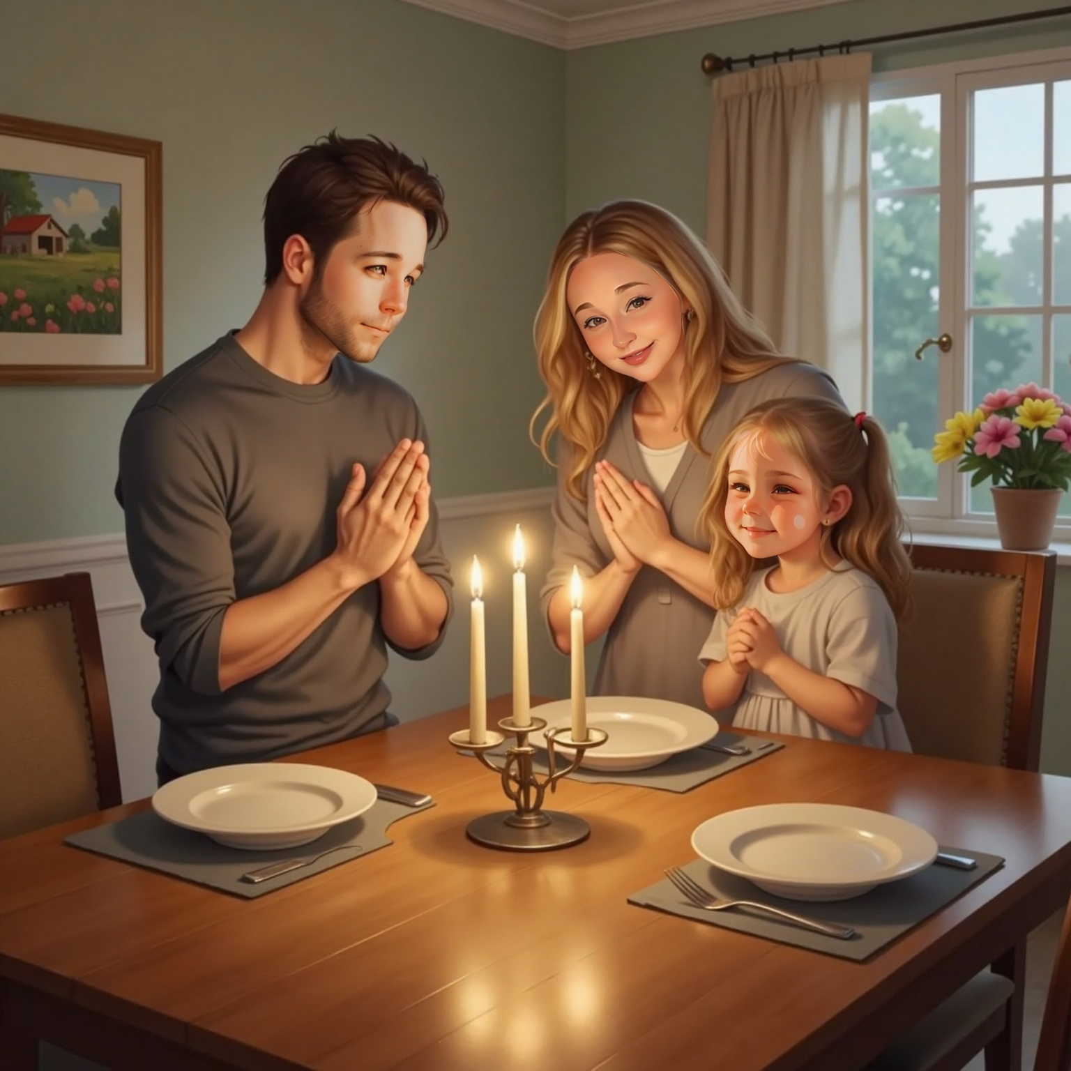 In the softly lit dining room, five glowing candles line the center of the table, their reflections dancing on evening plates. Eli, Allie, and Hadley Grace clasp hands around the centerpiece, pausing to pray.