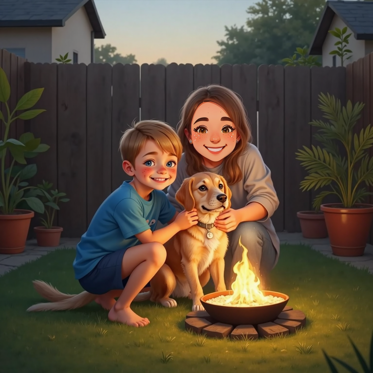 On a quiet backyard lawn lit by dim embers, Brooks kneels to pat James’ head, smiling softly. Mom bends to wrap them both in a proud hug.