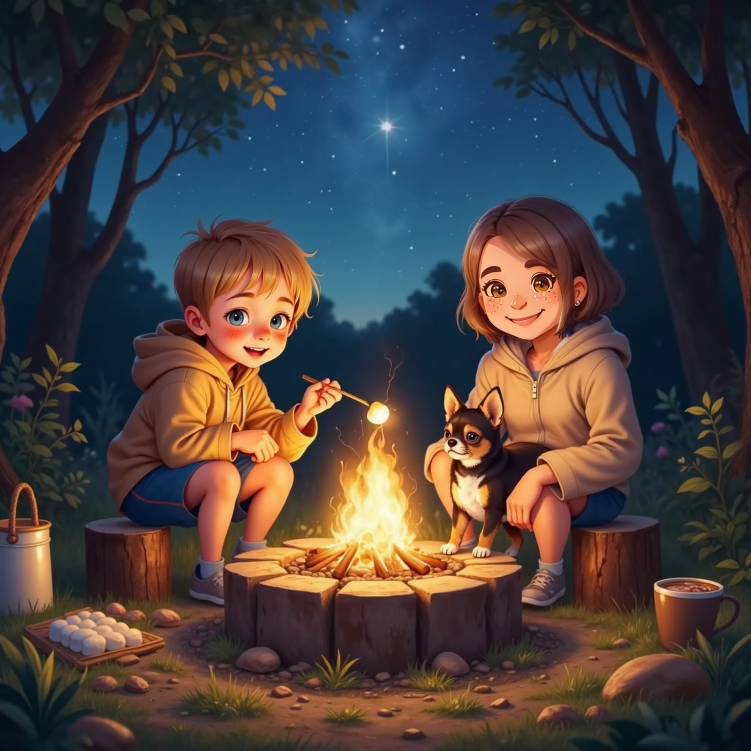 At night beside the glowing fire pit, Brooks toasts a marshmallow on a stick while Mom smiles across the flames. James nestles against Brooks’ legs, firelight flickering on their faces.