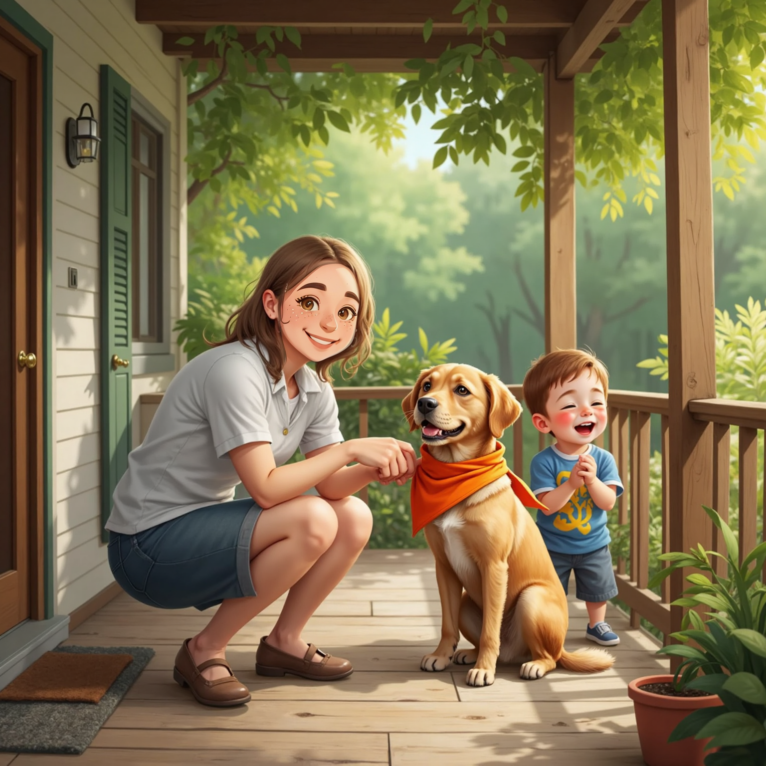 In the shaded porch, Mom kneels to knot a bright orange bandana around James’ neck. Brooks laughs nearby, clapping his hands as sunlight filters through leaves behind them.