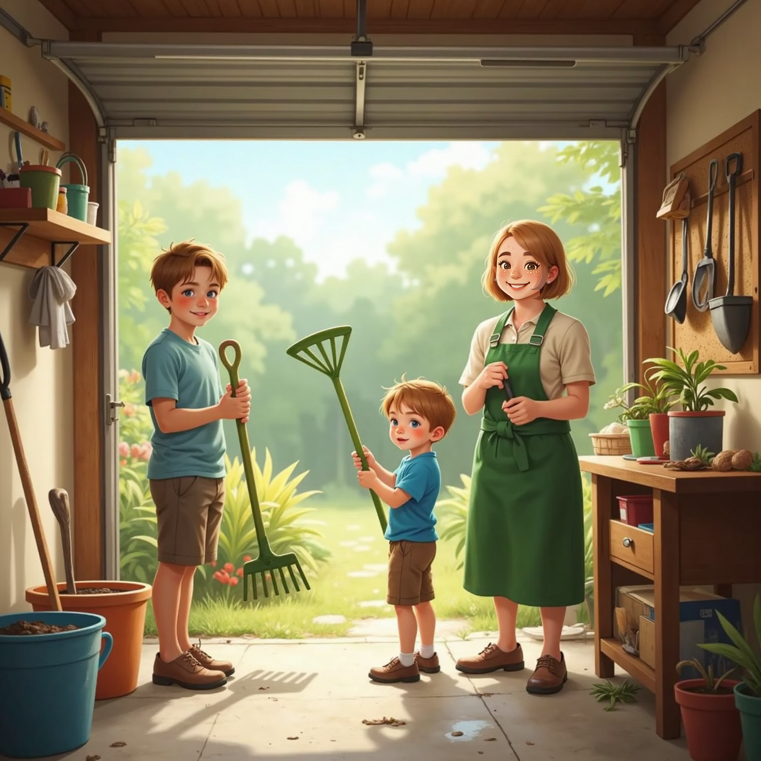 Under bright afternoon light inside the open garage, Mom smiles warmly. Brooks yanks a child-sized green rake from the wall hooks, eyes sparkling with eagerness.