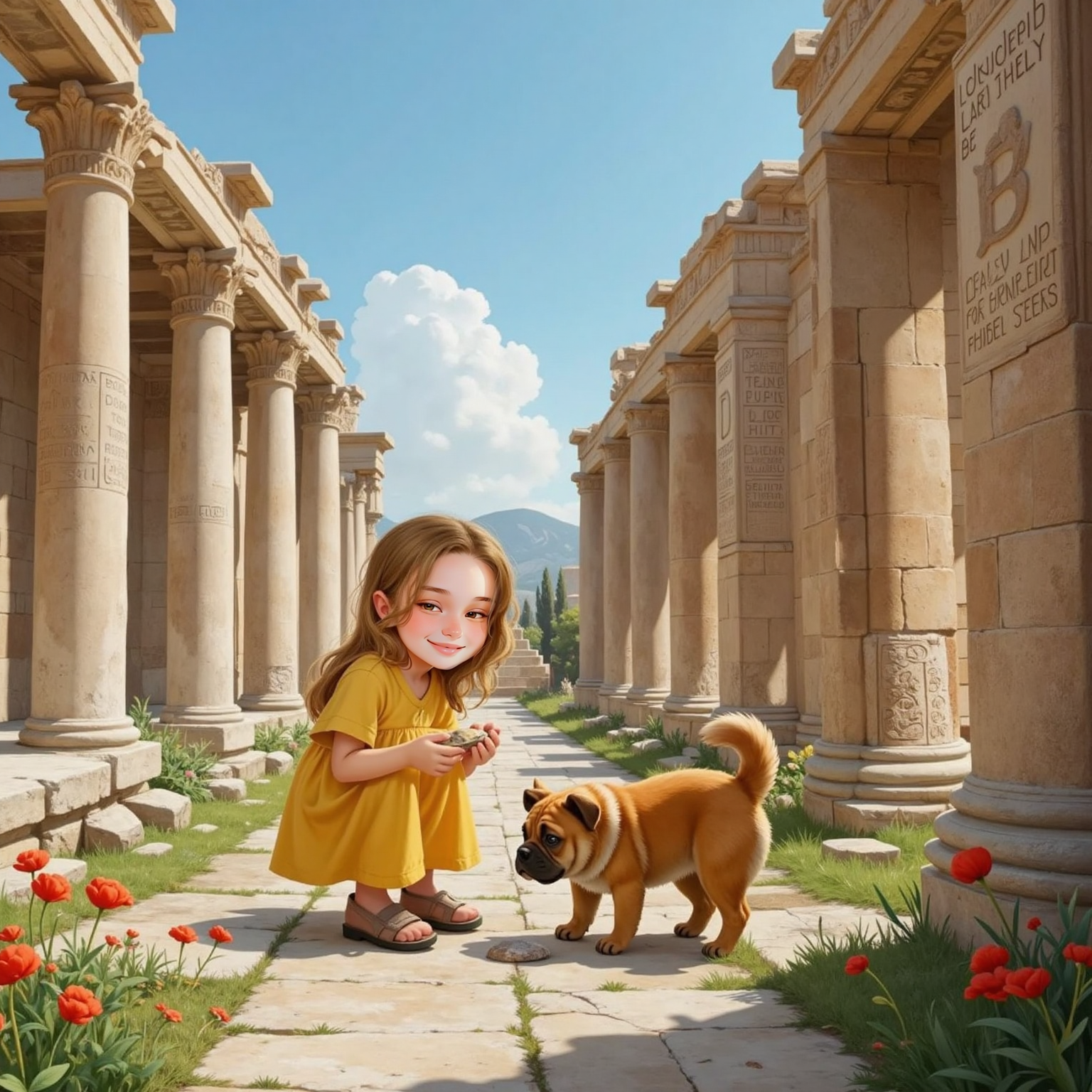 Among weathered marble columns in the ruins of Ephesus under a clear afternoon sky, Gyovanna kneels to examine a small gleaming pebble she has just found, as Paçoca sniffs ancient stones beside her, both framed by carved inscriptions and fallen capitals.