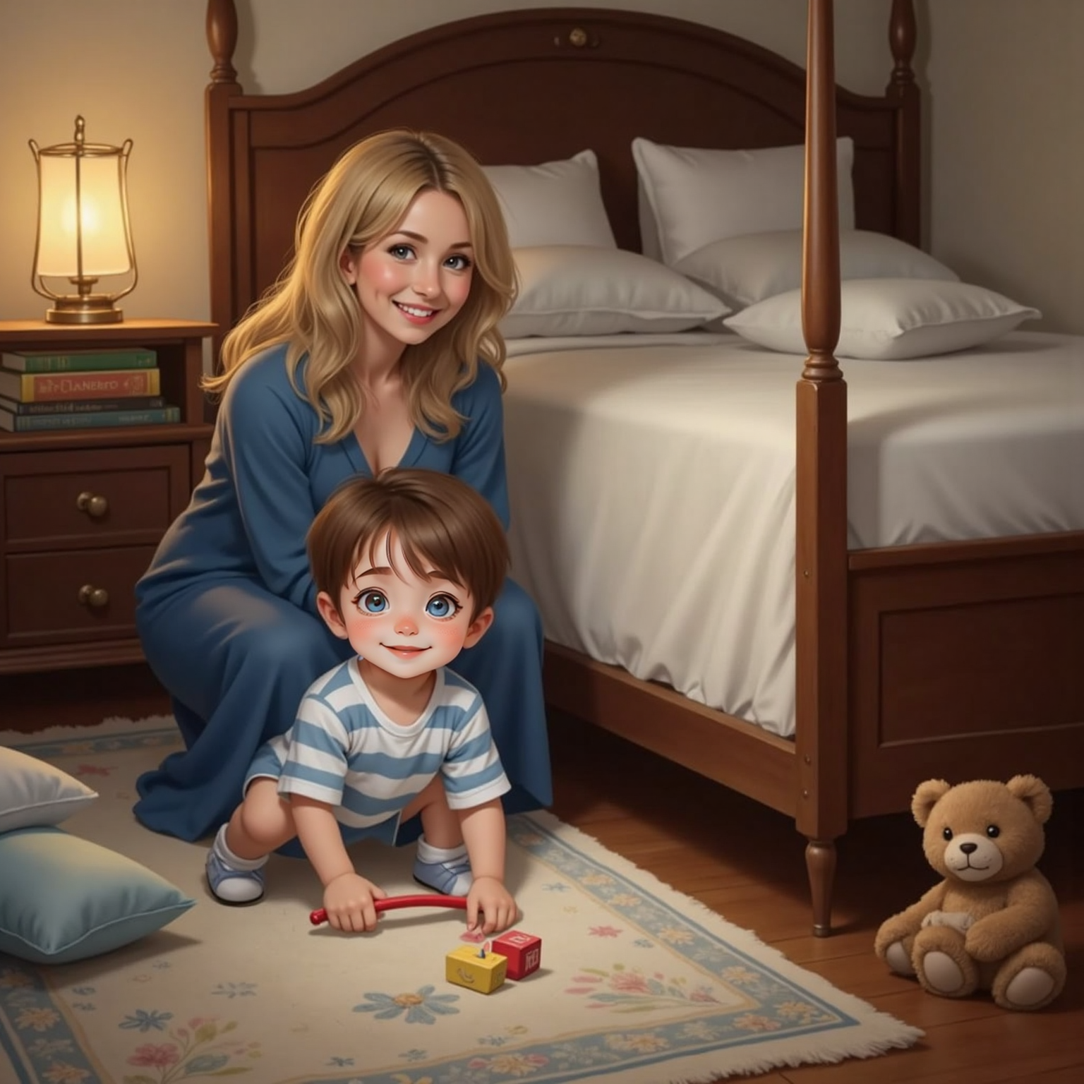 On the bedroom floor beneath soft candlelight, John Jr crawls halfway under a wooden bed, tiny feet kicking as he probes with a toy stick, while Cinderella kneels beside him, encouraging smile on her face, pillows tossed aside.
