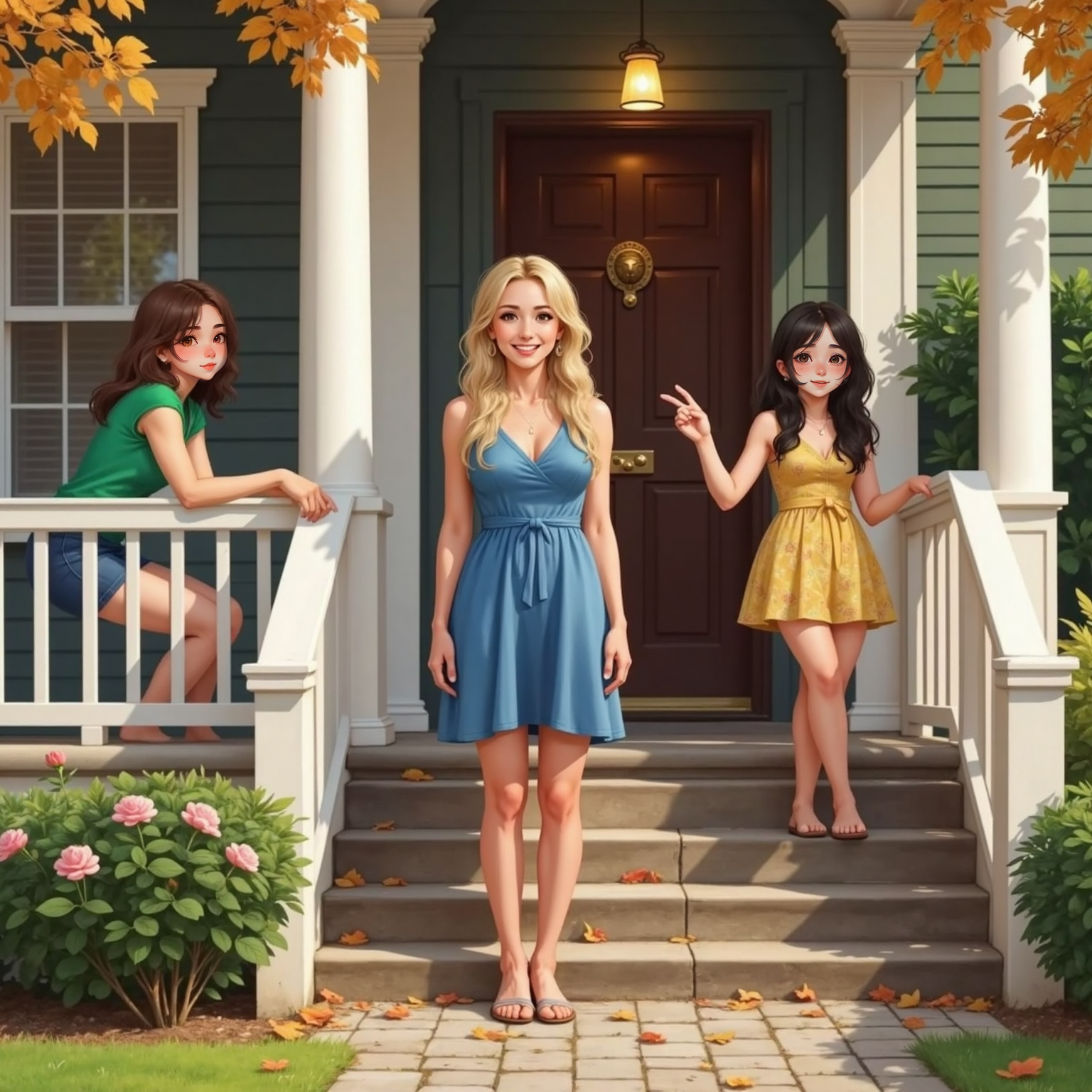 In the sunny front courtyard of the Akron townhouse, Cinderella stands near a wooden railing, smiling softly while Shivon and Kyla lean on a stone step behind her, smirking and pointing; afternoon light casts sharp shadows across scattered leaves.