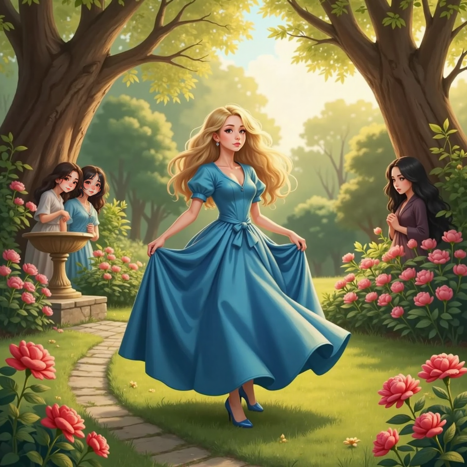 In the sunlit garden, Cinderella twirls in a shimmering blue gown beside blooming roses, eyes closed in delight, while behind a broad oak Shivon and Kyla peek around the trunk whispering with jealous grins.