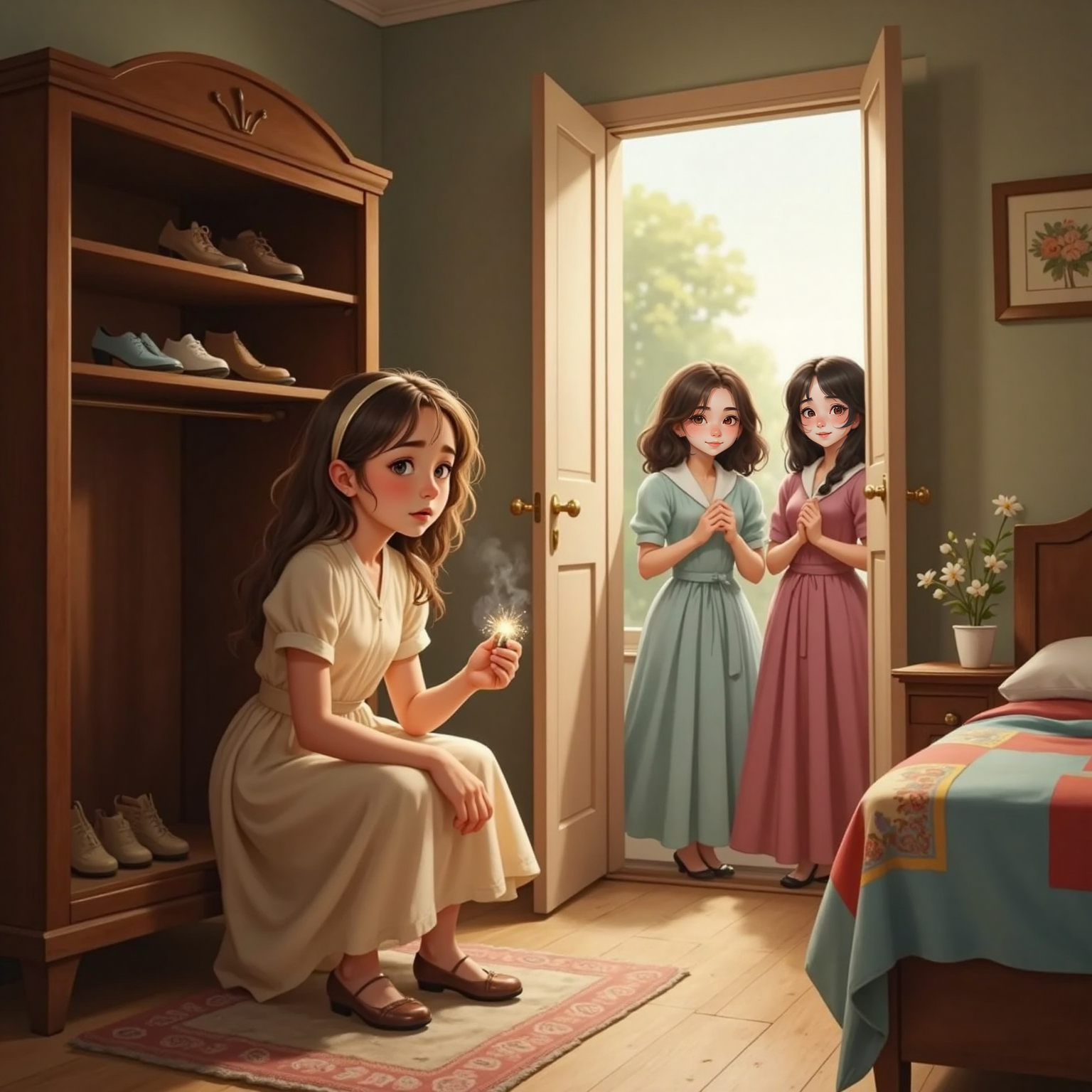 Morning light filters into Cinderella’s modest bedroom where she kneels by an open wardrobe, holding one glittering shoe while its mate’s empty spot gapes; outside the doorway Shivon and Kyla exchange conspiratorial smiles.