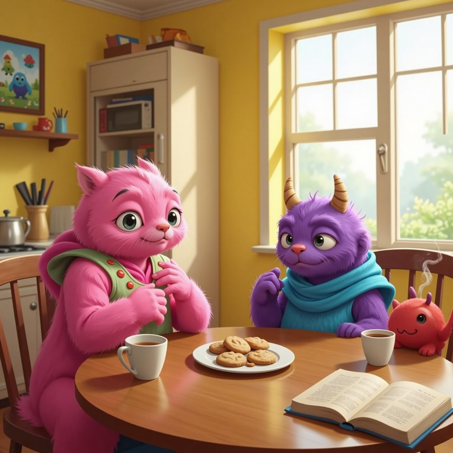 At the round kitchen table under soft afternoon light, Rufi touches his chest and speaks, brow furrowed yet calm; ENOJO, scratching his head, shrinks further beside the chair, while MAMÁ MONSTRUA nods with warm eyes.