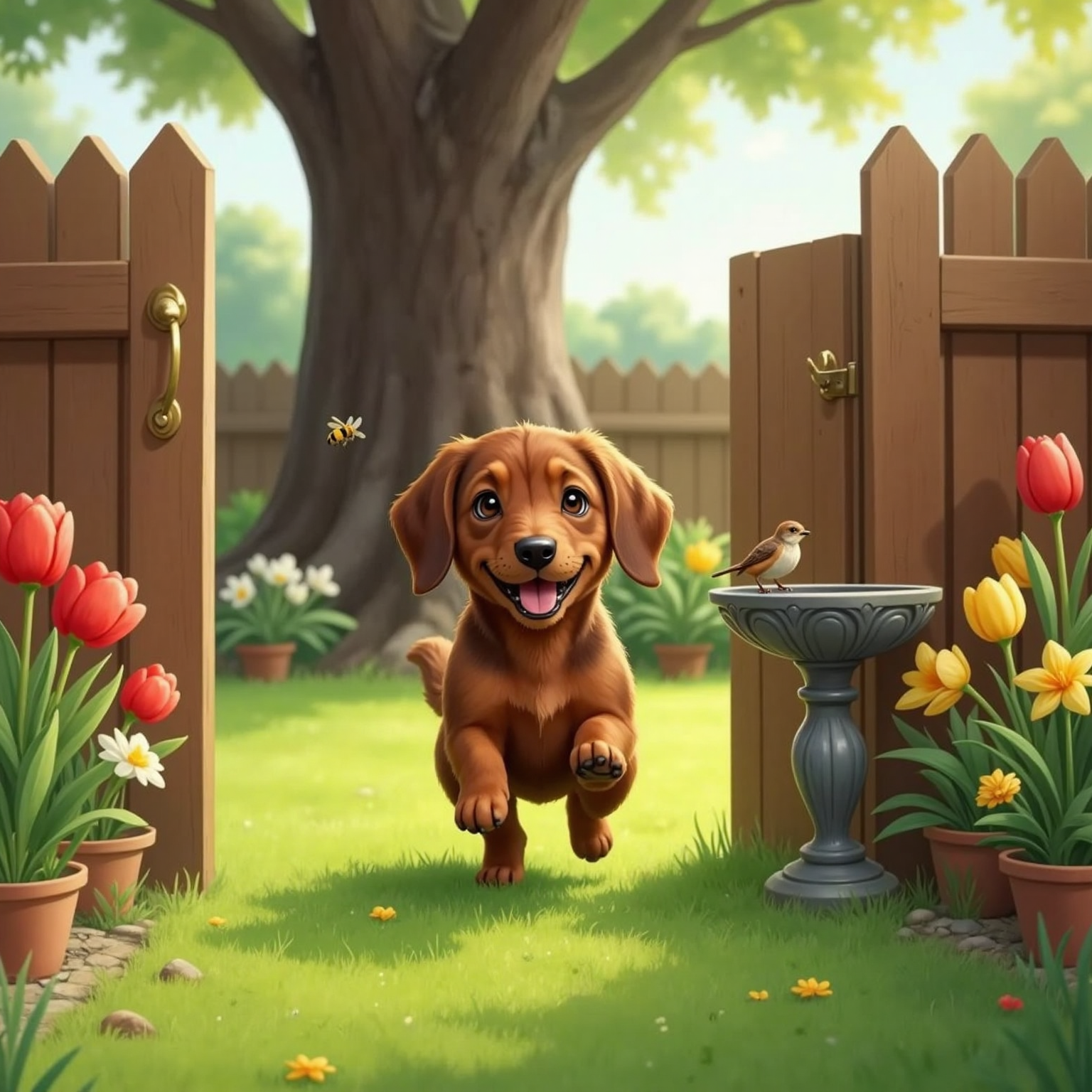 Outdoor daytime in a sunlit backyard garden, Poppy, the brown sausage dog puppy, bounds through an open wooden gate onto lush grass, ears flopping and mouth open in a joyful bark. Flower beds and a small birdbath frame the scene.