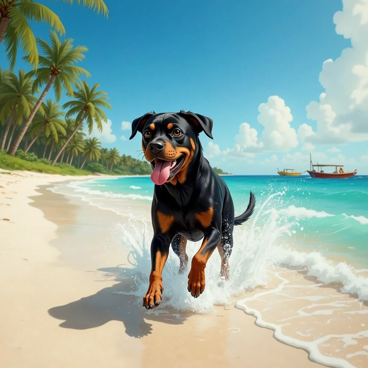 On a bright afternoon Cuban beach, Diaz sprints along the white sand near turquoise waves, tongue lolling and eyes gleaming. Sunlight sparkles on water droplets spraying from his pounding paws.