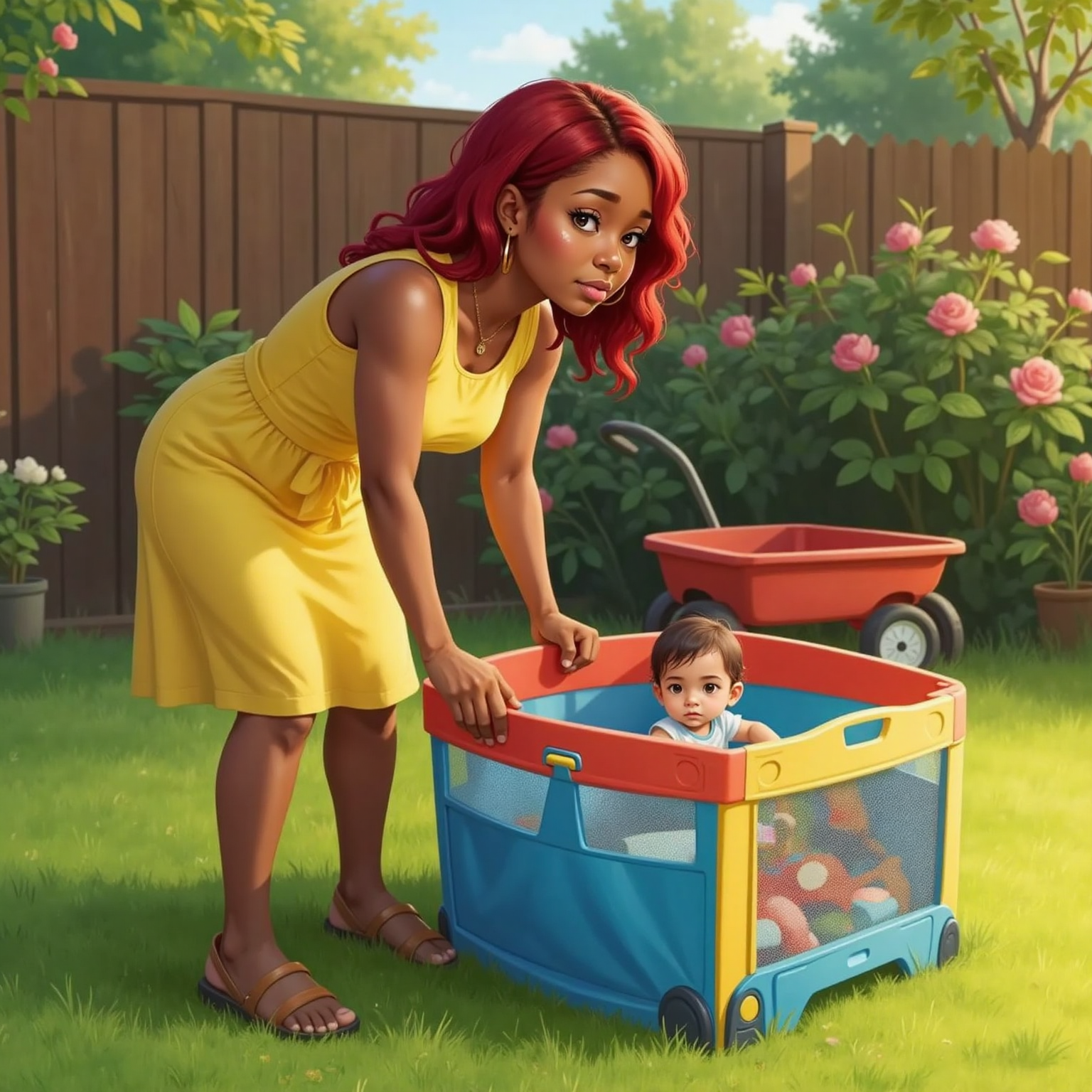 Beside the backyard playpen, Tiana leans forward with a worried face as she notices only Theodore inside. Late-afternoon light bathes the scene, emphasizing the empty space where Franklin should be.