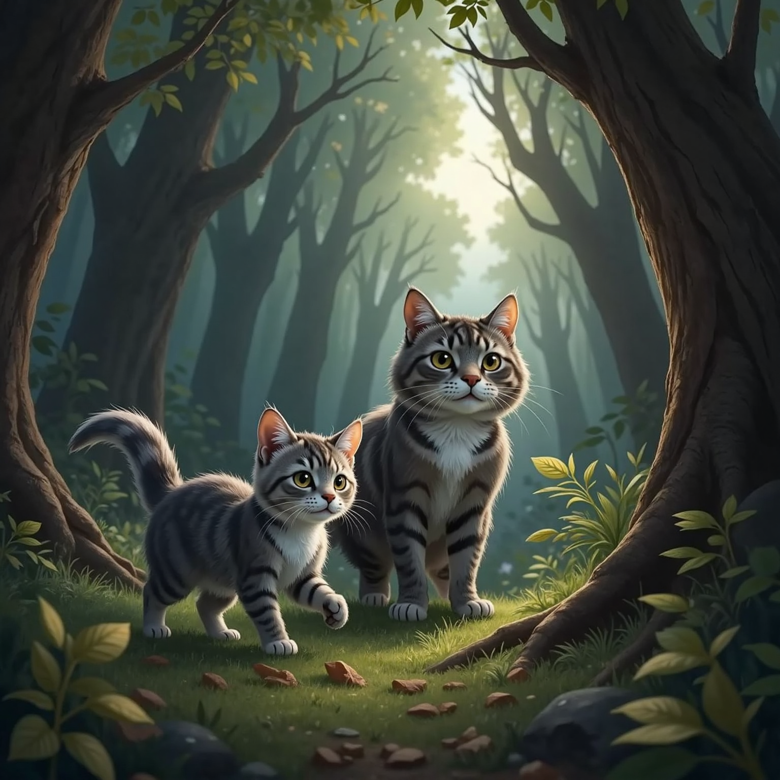 Deep in the darkened forest, Mommy Cat pauses mid-stride with ears perked toward a distant mewl. Daddy Cat follows a step behind beneath swaying night shadows.