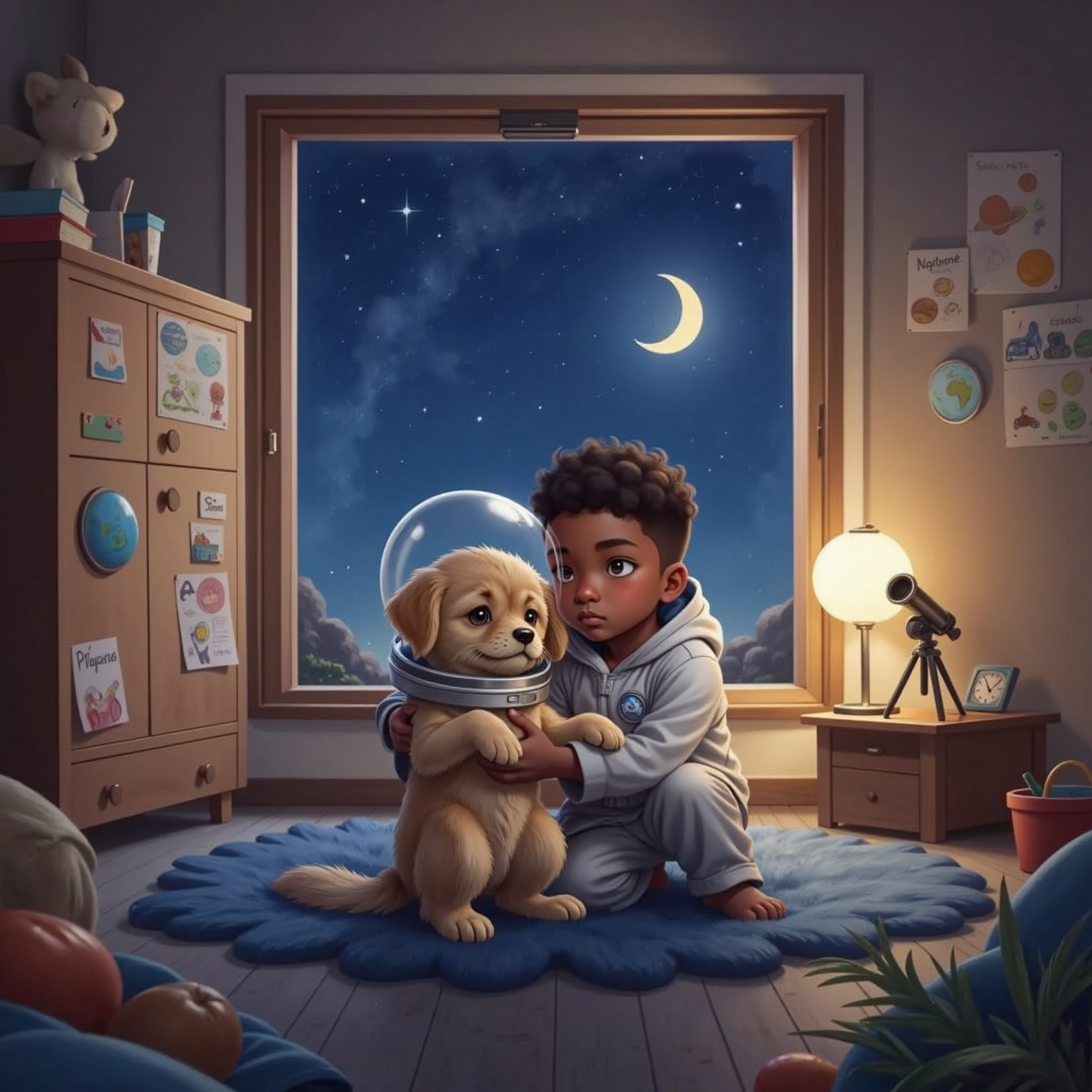 Back in Nkosenhle’s softly lit bedroom at night, the boy sits on the floor hugging an energetic golden dog in a silver space suit, finished planet drawings taped across the walls while distant stars twinkle outside the open window.