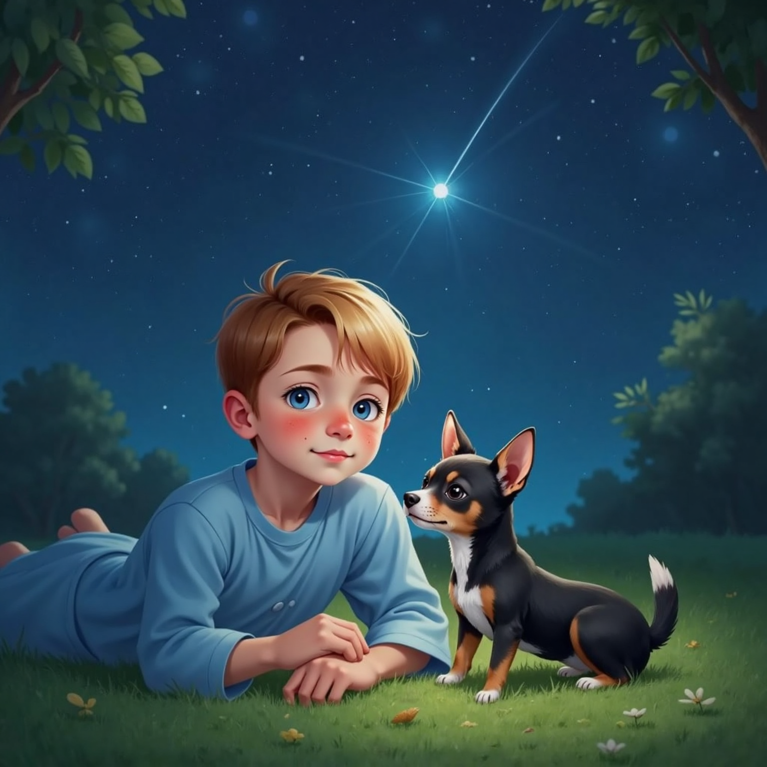 Under a star-strewn sky on the grassy yard, Brooks lies on his back next to James, both eyes half-closed. A single shooting star glimmers overhead as they share a whispered secret.
