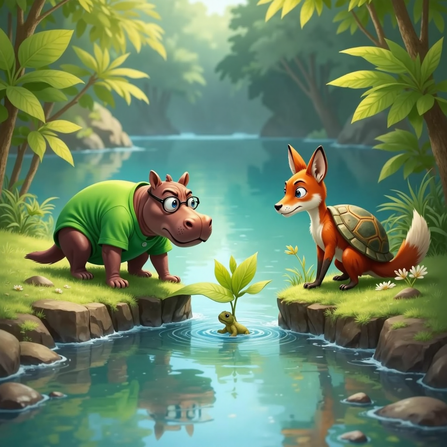 Beside a bubbling creek, David stretches a broad leaf like a bridge over a puddle, guiding a tiny lizard toward a sunlit rock. Mikey and Max crouch nearby, watching silently, reflections shimmering in the clear water.