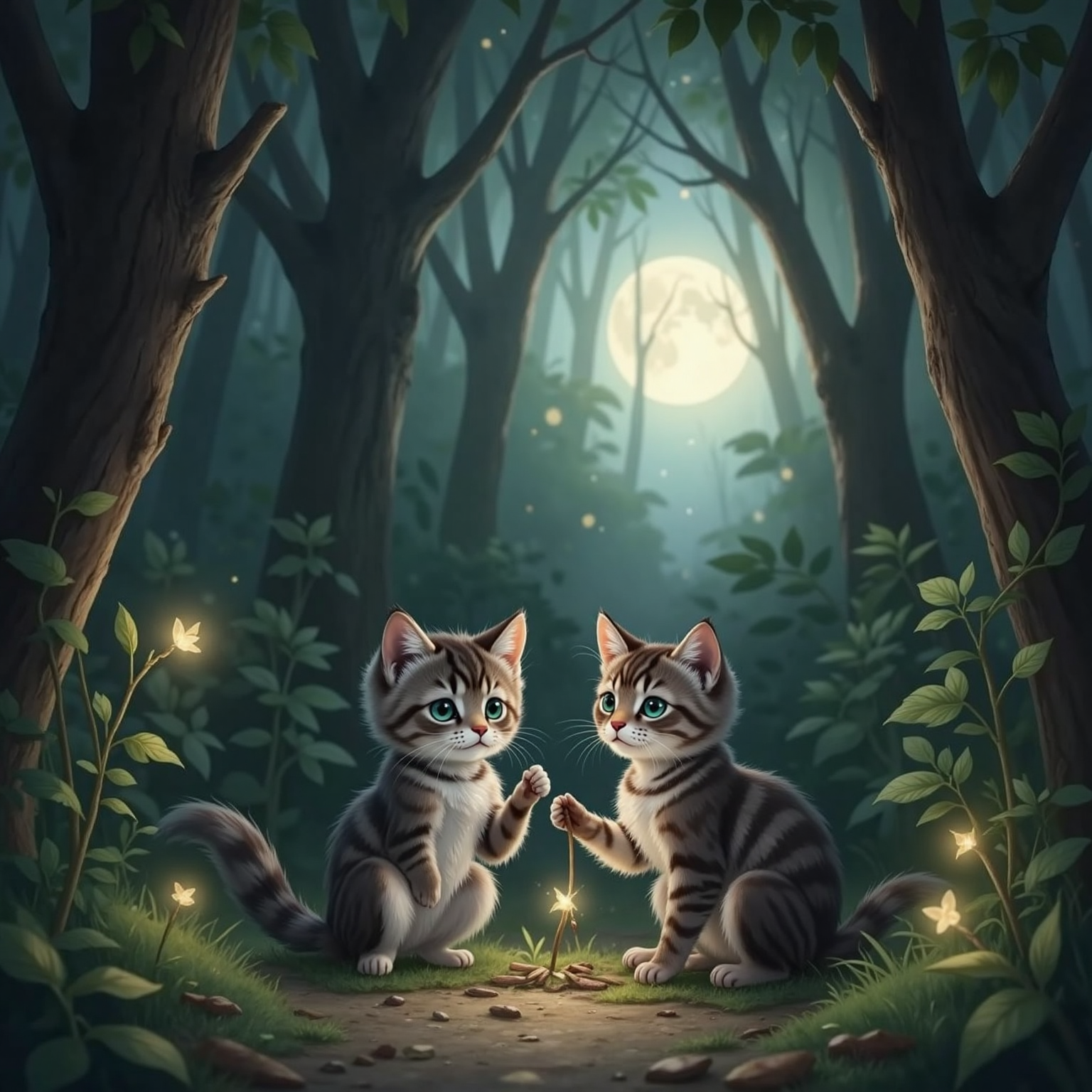 On a dim forest path at dusk, Yoshi kneels beside Hiro who sits rubbing his paw next to a snapped twig. Moonlight filters through tangled branches overhead.