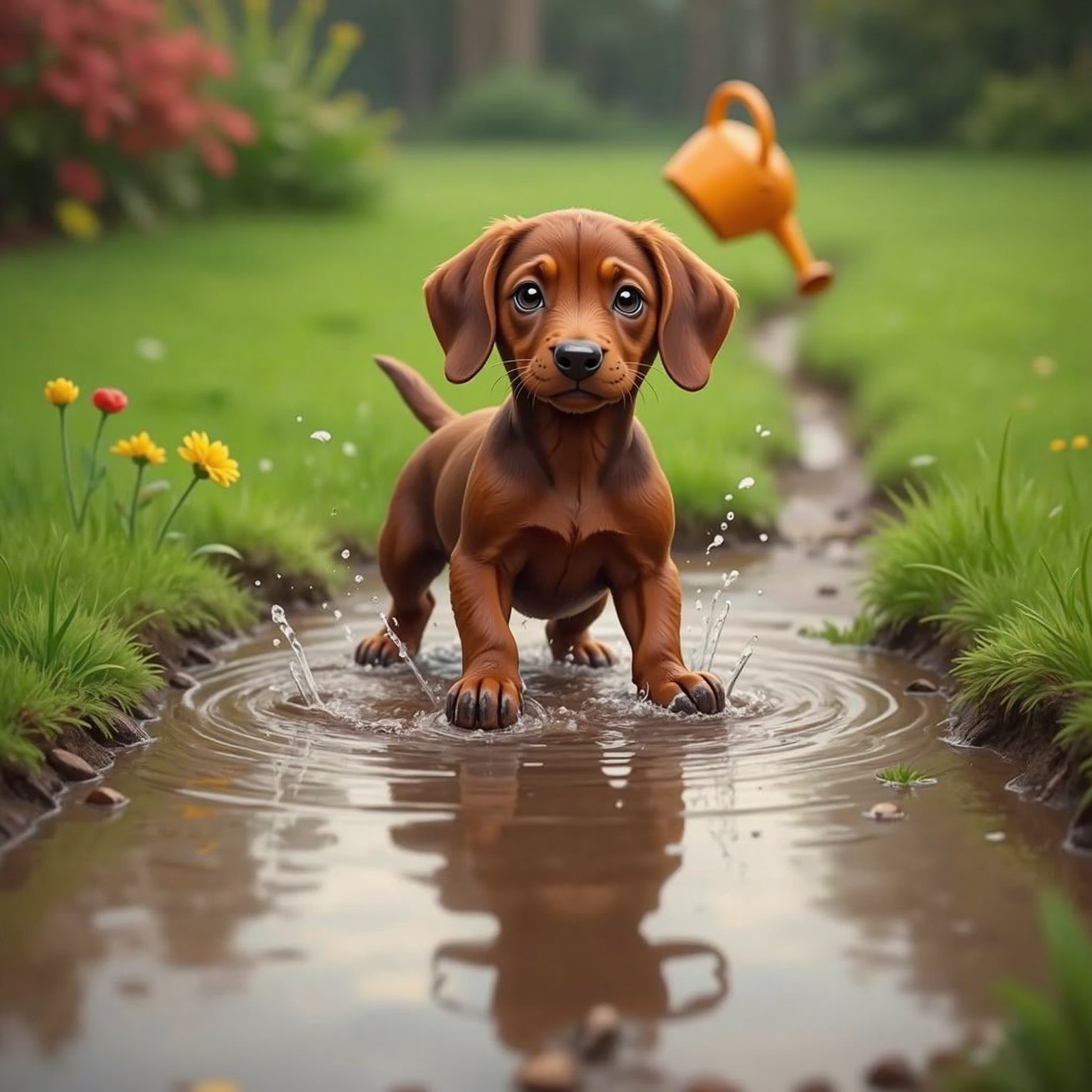 Cloudy afternoon in the muddy garden, Poppy stands mid-splash inside a shallow puddle, droplets frozen around her small paws. Reflected sky ripples while wet pawprints lead back across the grass toward a tipped watering can.