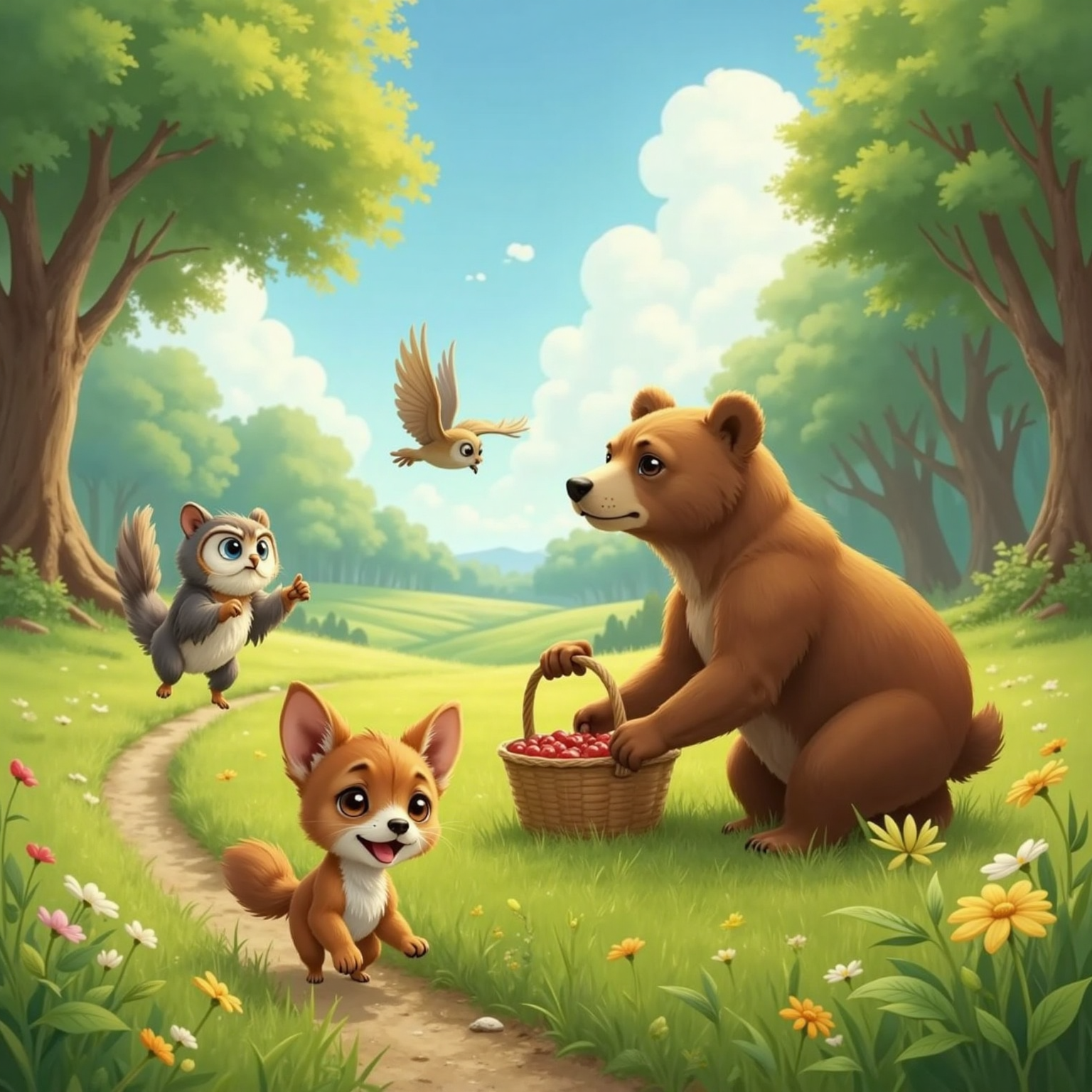 Bright midday countryside field bordered by woods; Fox darts through tall grass laughing. Ahead, Fluffi glides forward pointing beak toward the path, while Buff lumbers after them, clutching a small wicker basket brimming with red berries.