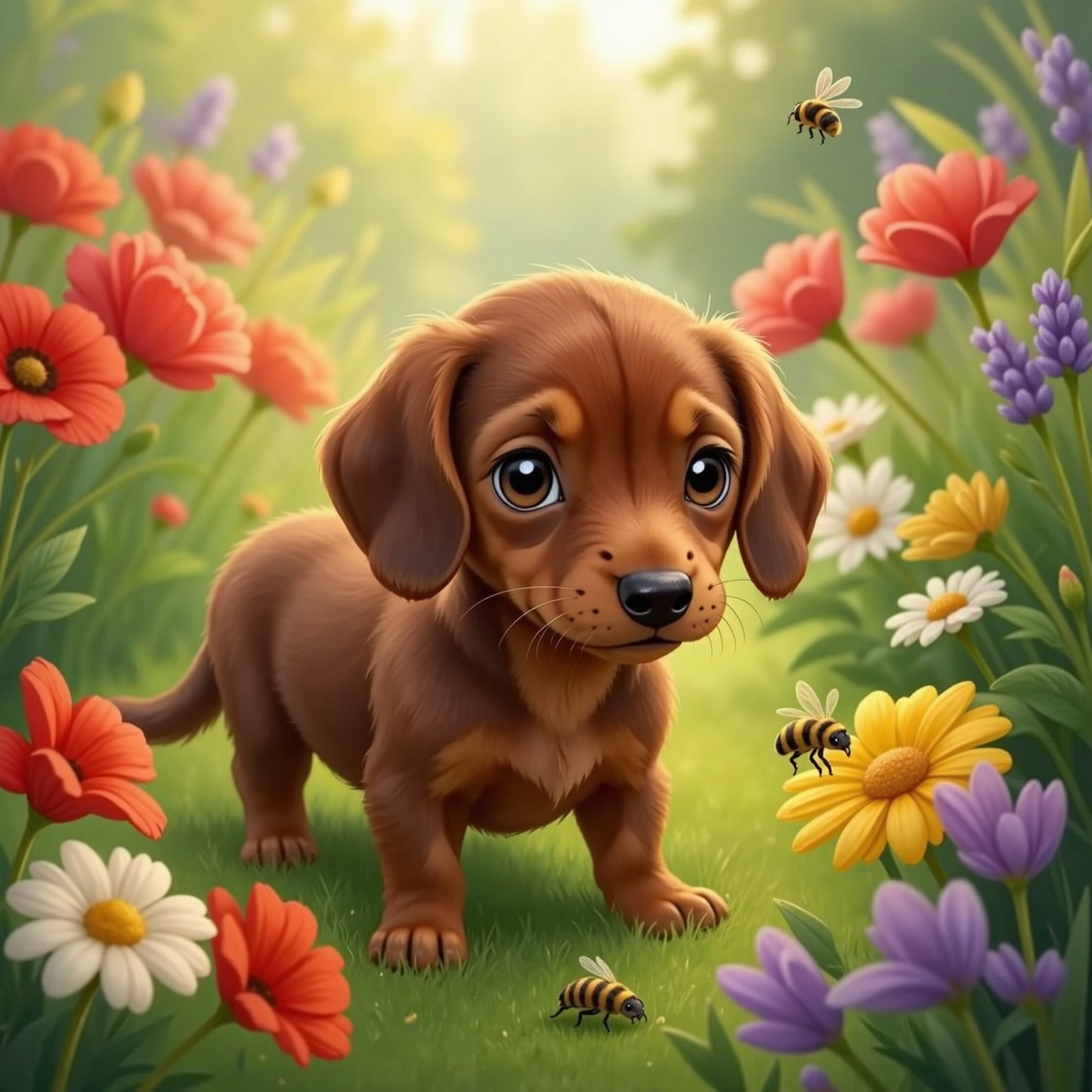 Morning sunlight filters over a colorful flower patch in the same garden; Poppy stands with front paws planted, muzzle buried in bright blossoms, nose twitching. Dewy petals and buzzing bees hover around her focused face.