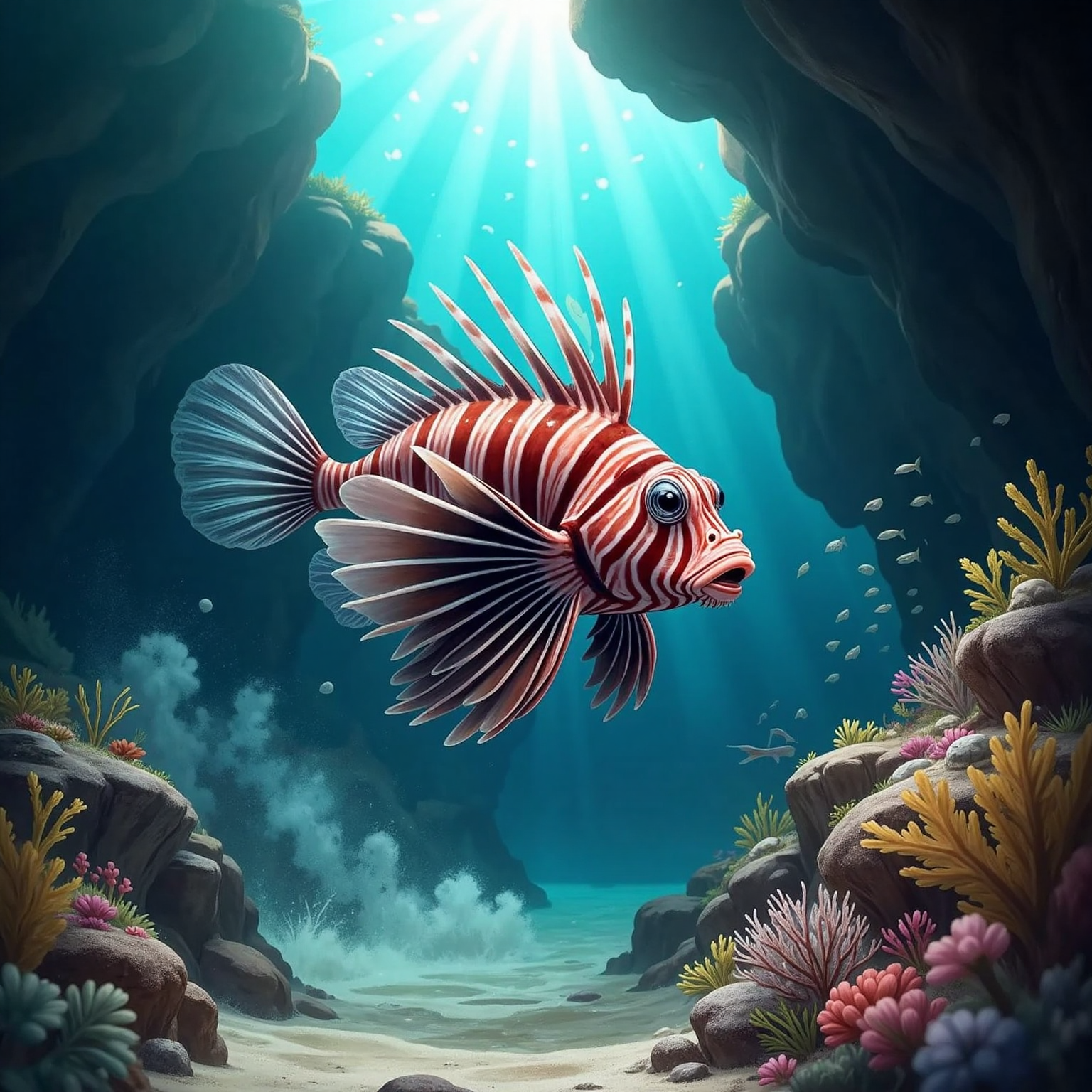 On the shadowed reef slope, Larry lunges at a burst of tiny silver fish, mouth open mid-snap. Dislodged sand clouds and fleeing shapes drift in dim afternoon light.