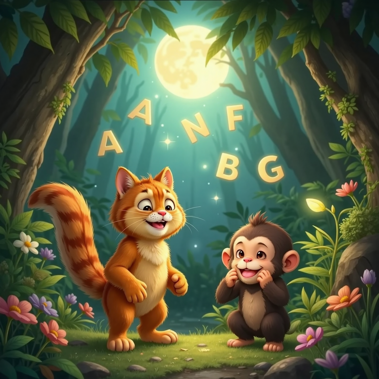 Inside a moonlit jungle grotto, Sunny’s gentle light illuminates glowing letter shapes drifting in the air. Kimi proudly finishes the alphabet while Chimi cups hands around his mouth, calling out earlier letters.
