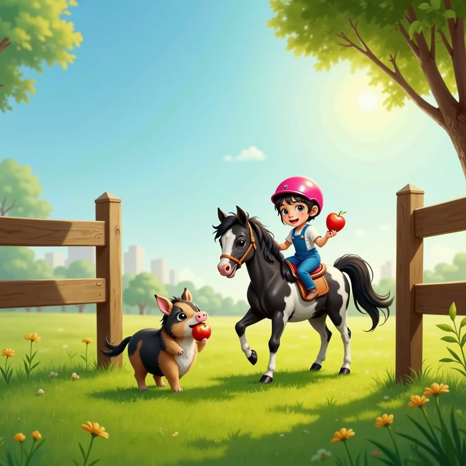 Inside the paddock under bright afternoon sun, Texas gallops along the paddock fence with his black tail streaming, Queen Balloon on top holding an apple, Chop sticks eating an apple