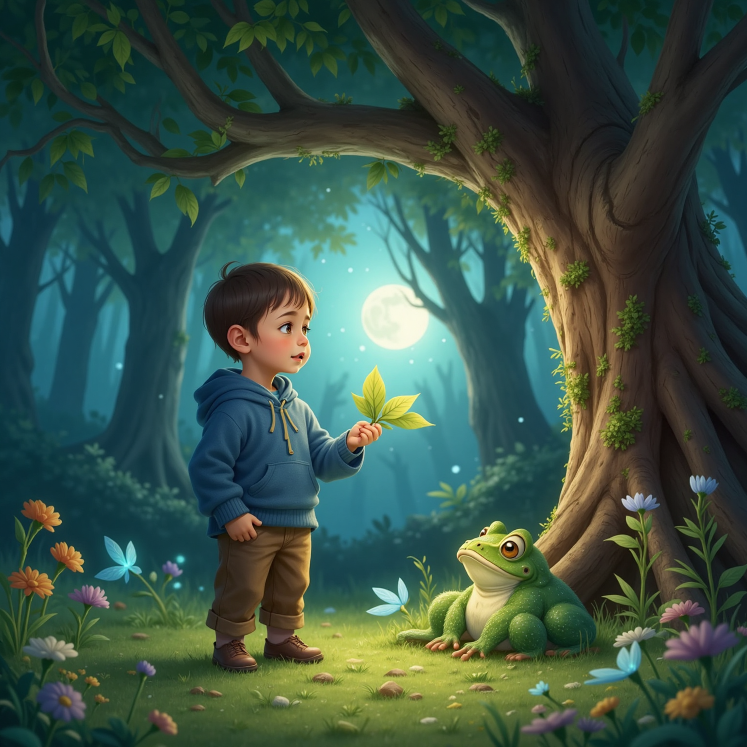 In a moonlit clearing, the expressive oak leans forward on a giant limb offering a broad green leaf into Kylie-Joshua’s hands, while the sparkling frog and clusters of cheering fairies glow around them.