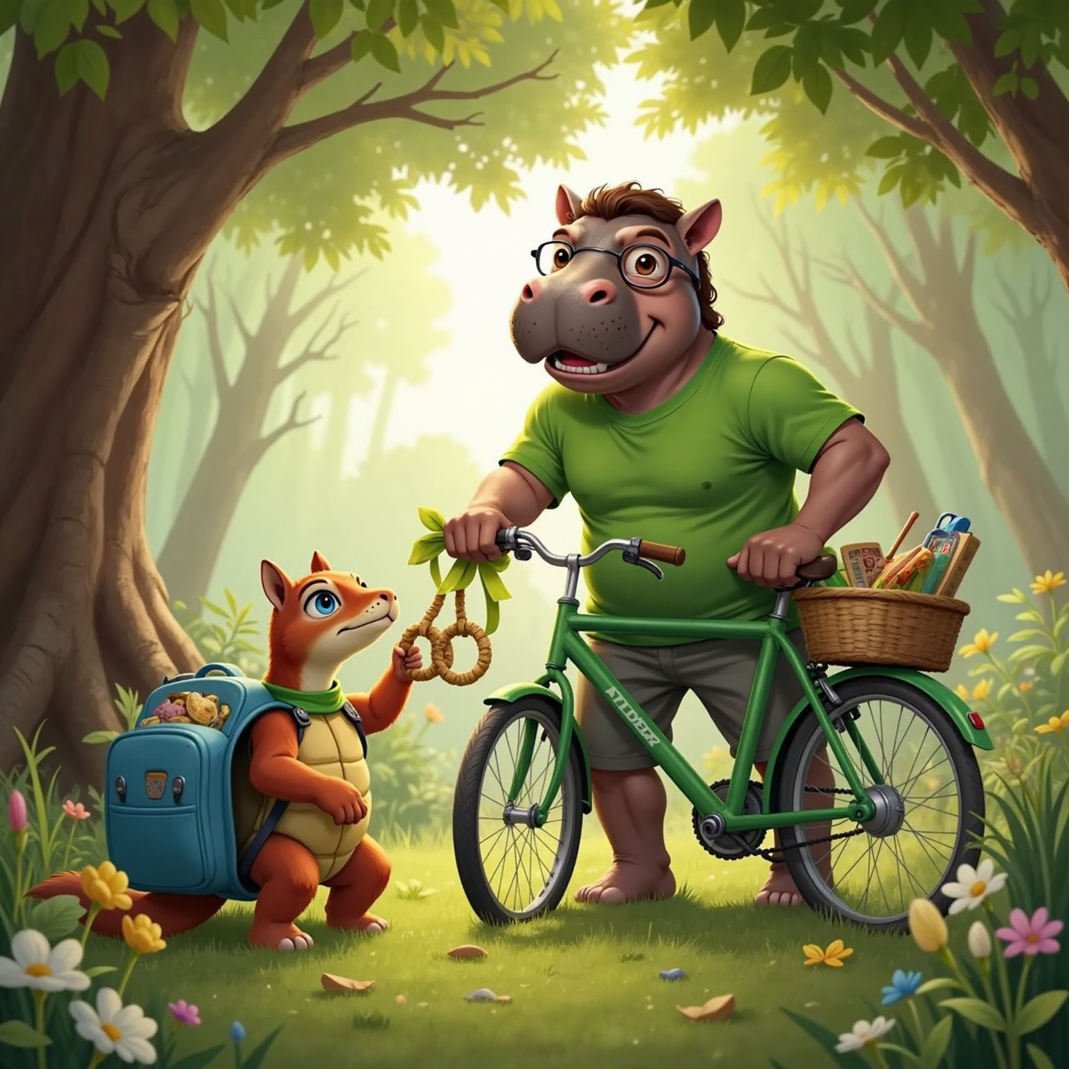 Beneath a leafy oak's afternoon shade, Max pins a shiny shell sticker onto Mikey's green bike frame while Mikey ties a ribbon to Max's backpack. Nearby, David presents grass-woven bracelets, smiling wide for a goofy photo.