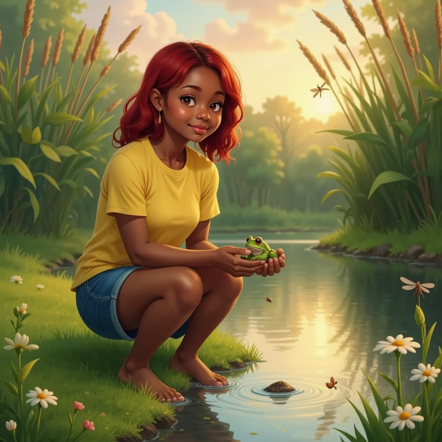On the grassy bank of Turtle Pond under golden sunset light, Tiana kneels and gently cradles Franklin the frog who munches a lingering fly. Reeds sway behind them, reflecting in the calm water.